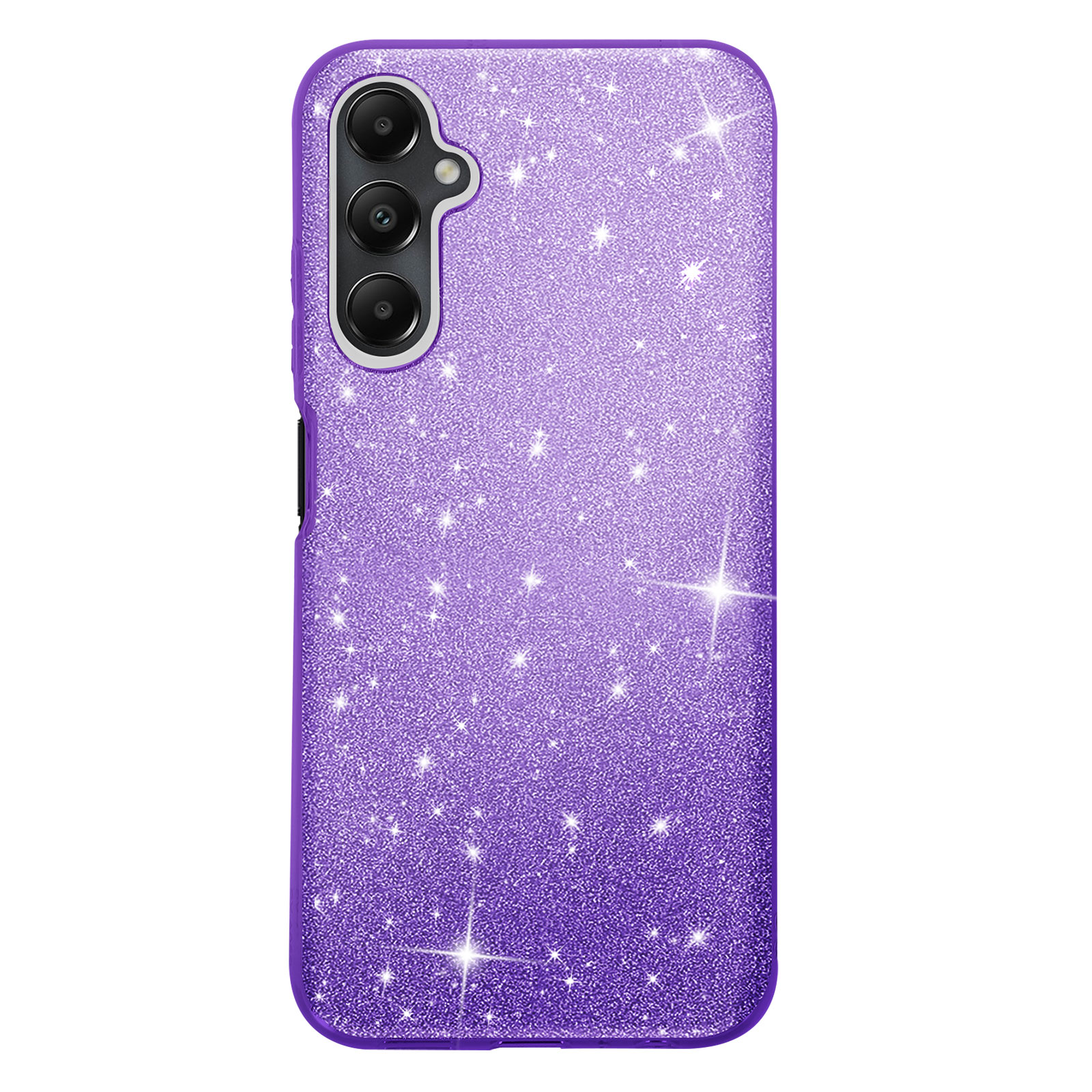 Custodia viola glitterata con stelle. La custodia ha una superficie liscia.