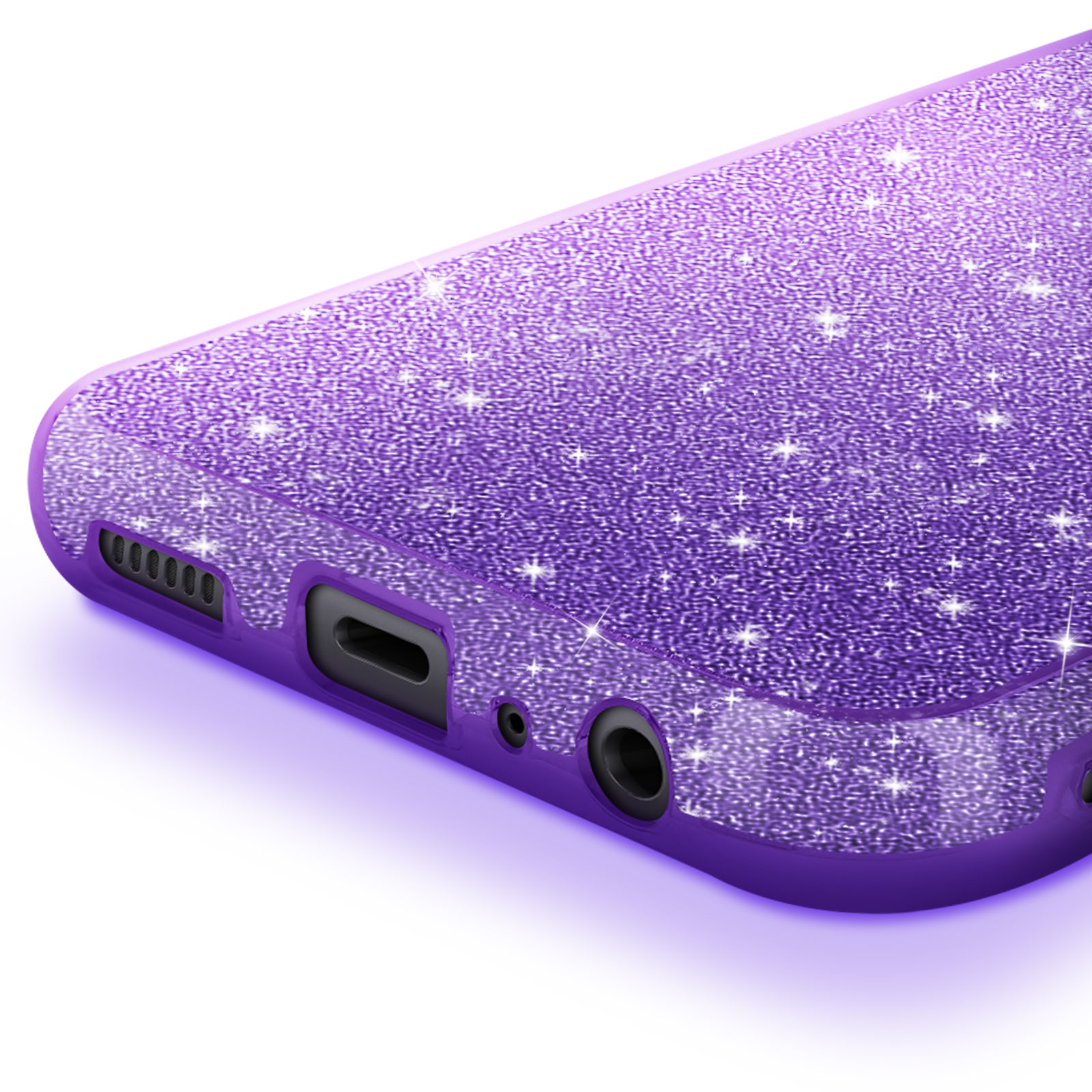 Primo piano di una custodia viola glitterata con porte e fori.