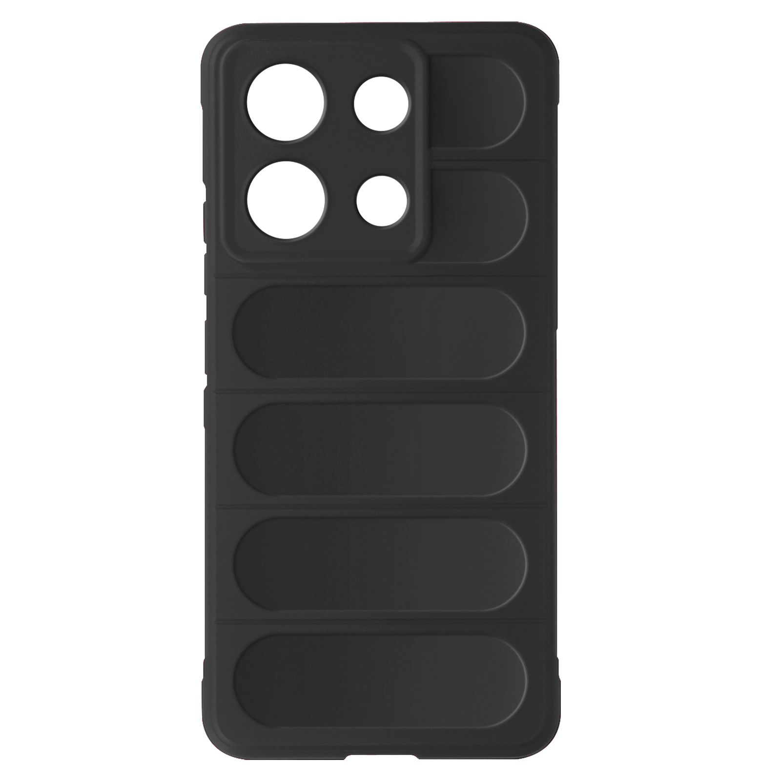 Custodia per telefono nera con fori multipli per fotocamera e fessure per pulsanti.