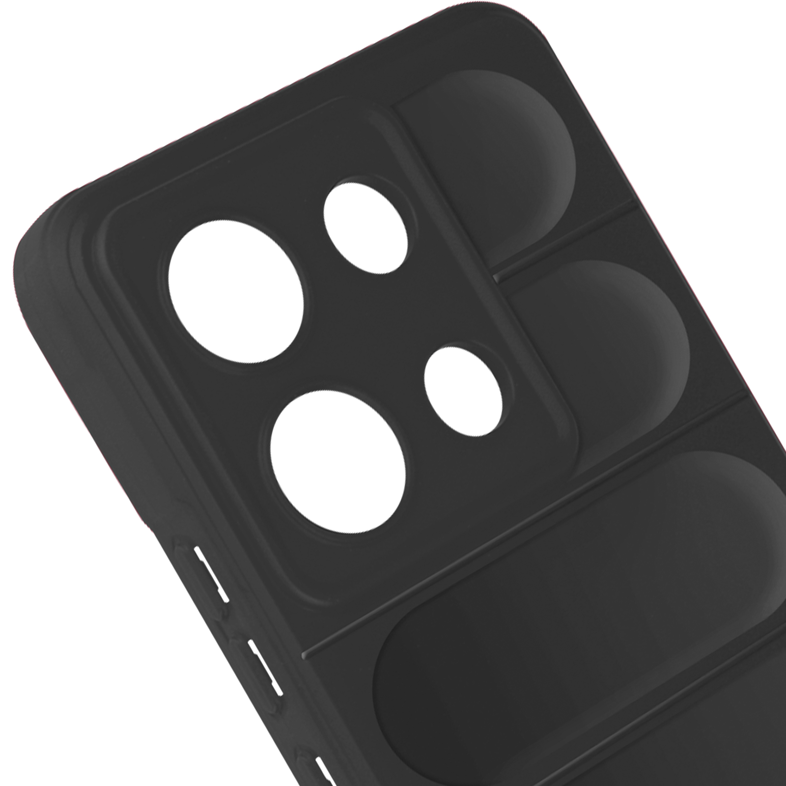 Custodia per telefono nera. Sono visibili fori multipli per fotocamera e fessure per pulsanti.