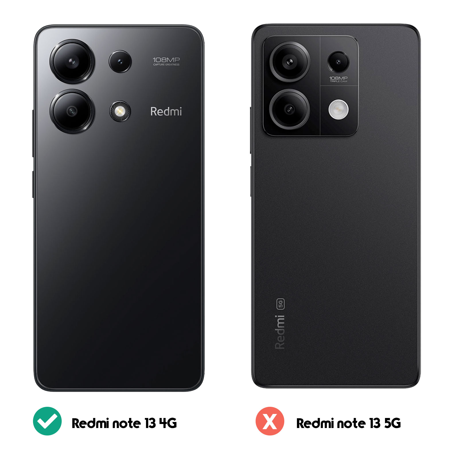 Due telefoni neri schiena contro schiena. Uno è Redmi Note 13 4G, l'altro è Redmi Note 13 5G.