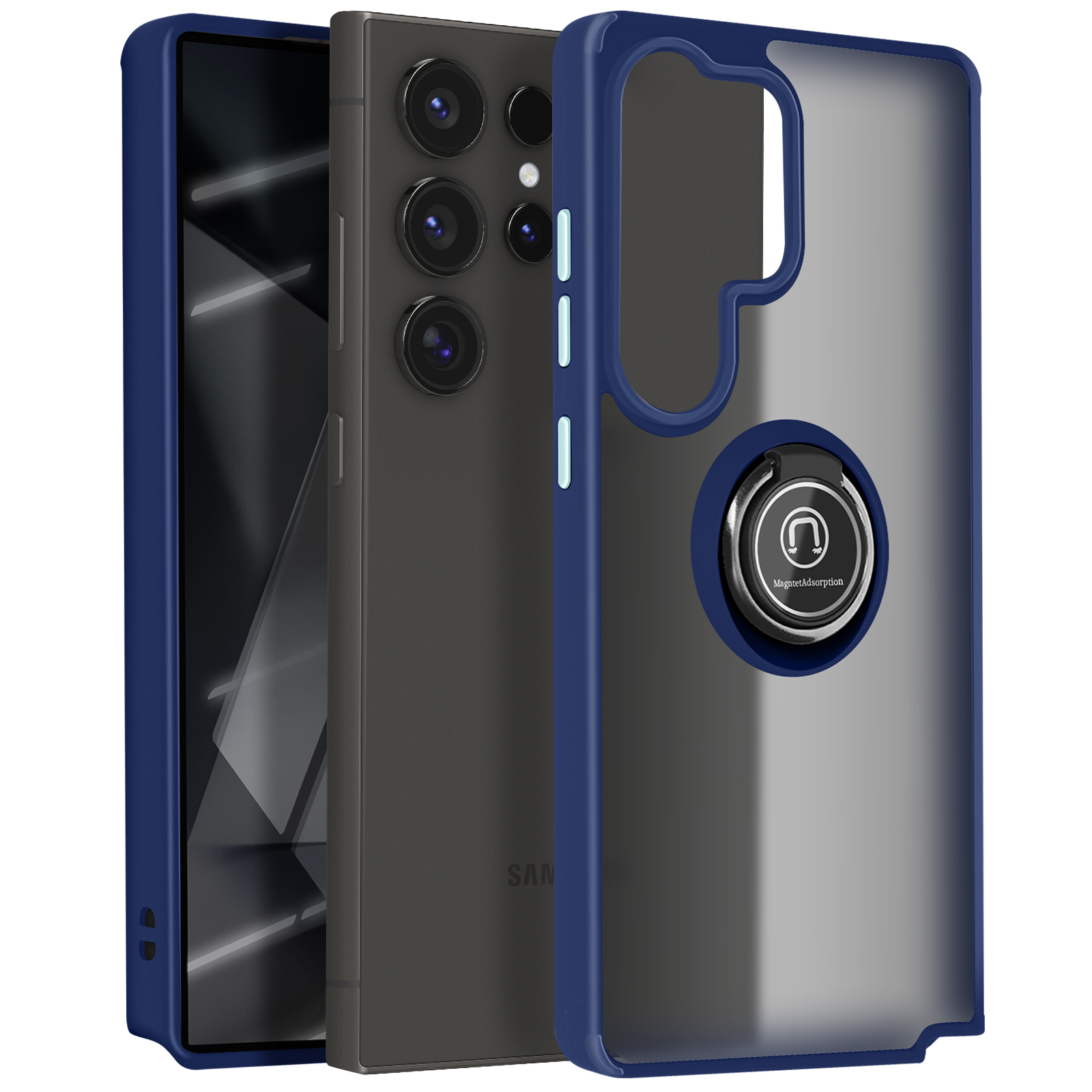 Un telefono all'interno di una custodia blu con un supporto ad anello. Un altro telefono visibile dietro.