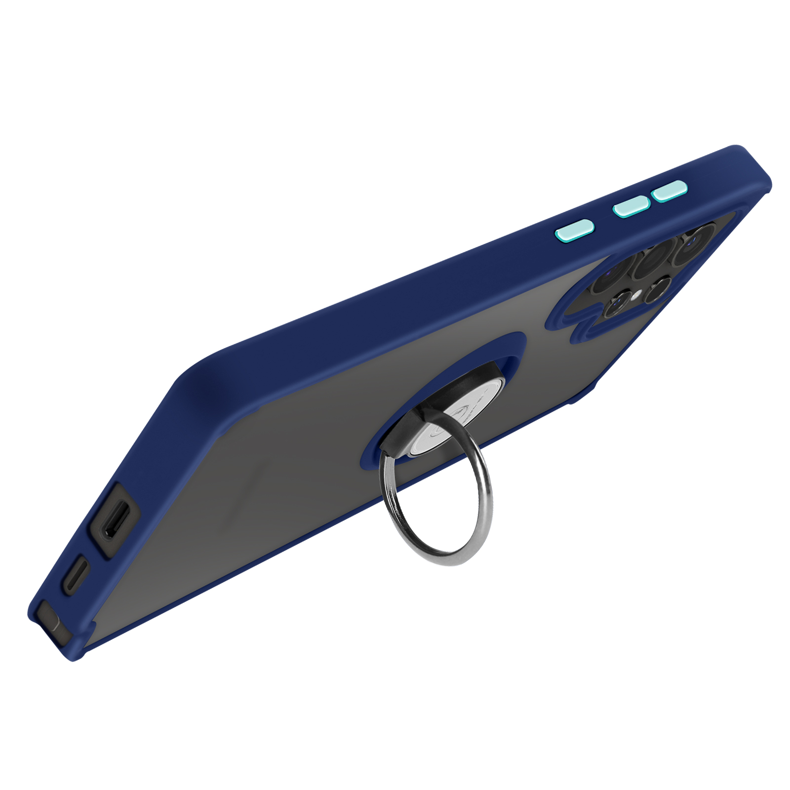 Un telefono in una custodia blu con un supporto ad anello, angolato verso l'alto. Sfondo bianco.
