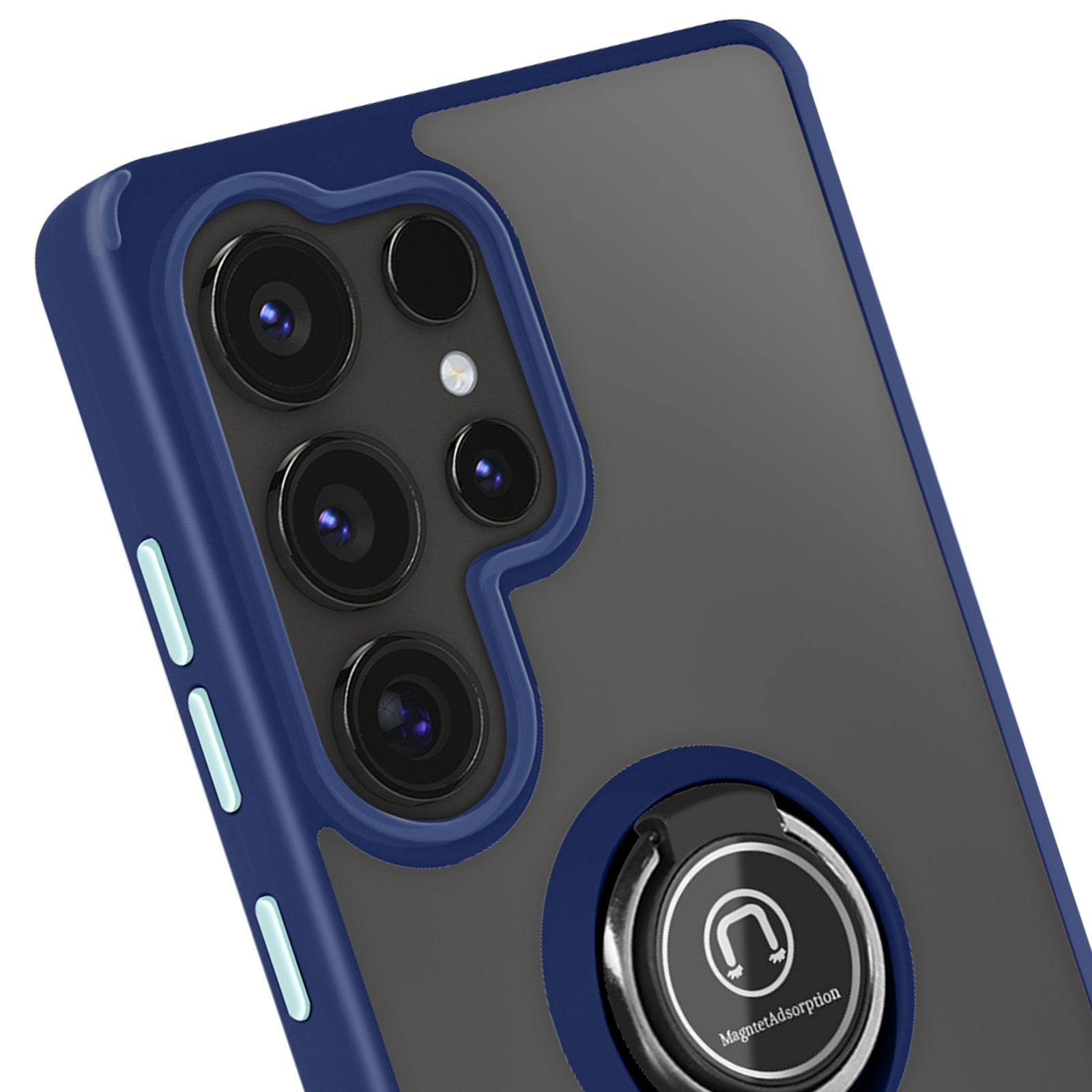 Primo piano di una custodia blu e grigia con lenti della fotocamera e un porta anello.