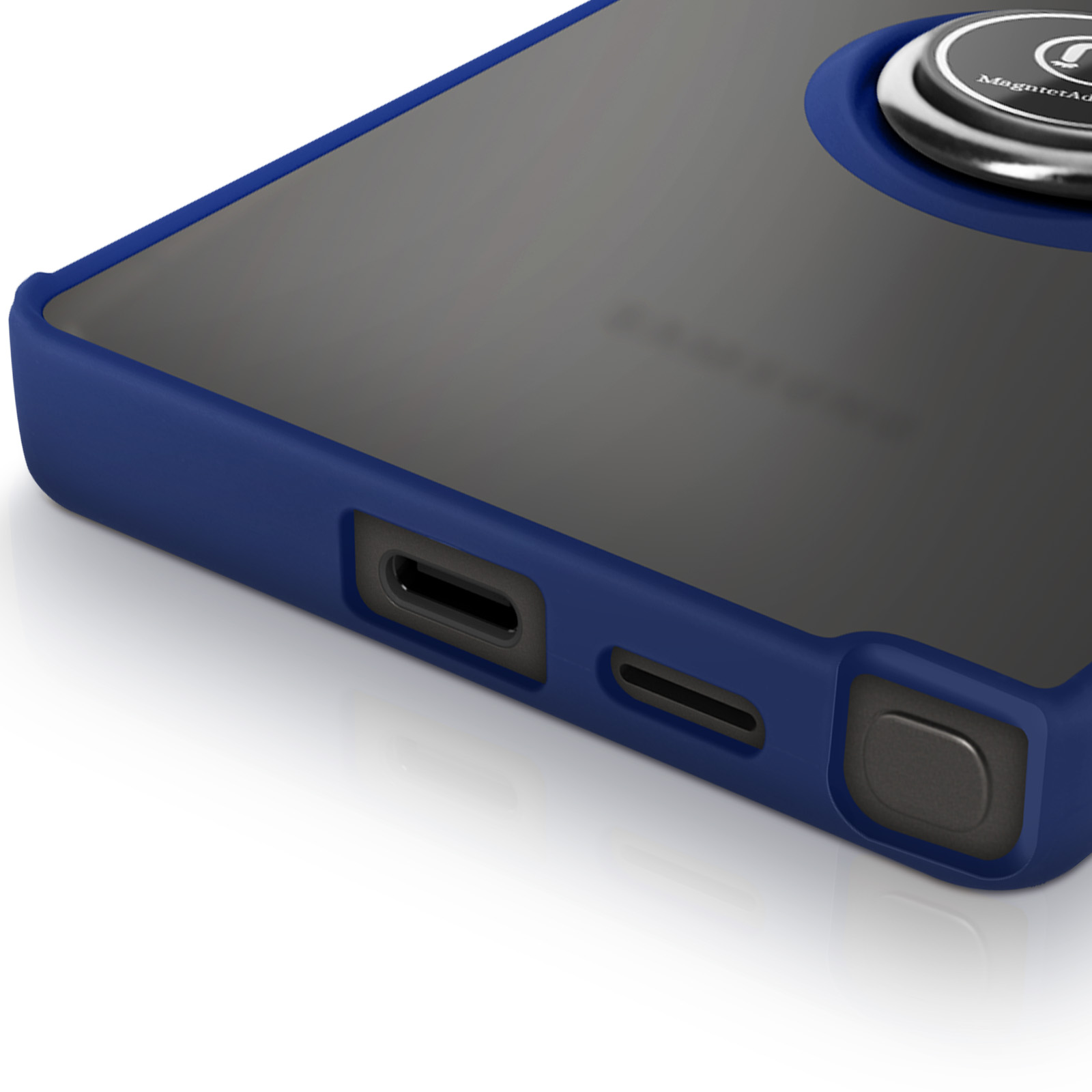 Primo piano di una custodia per telefono blu scuro con anello magnetico, porte nere.