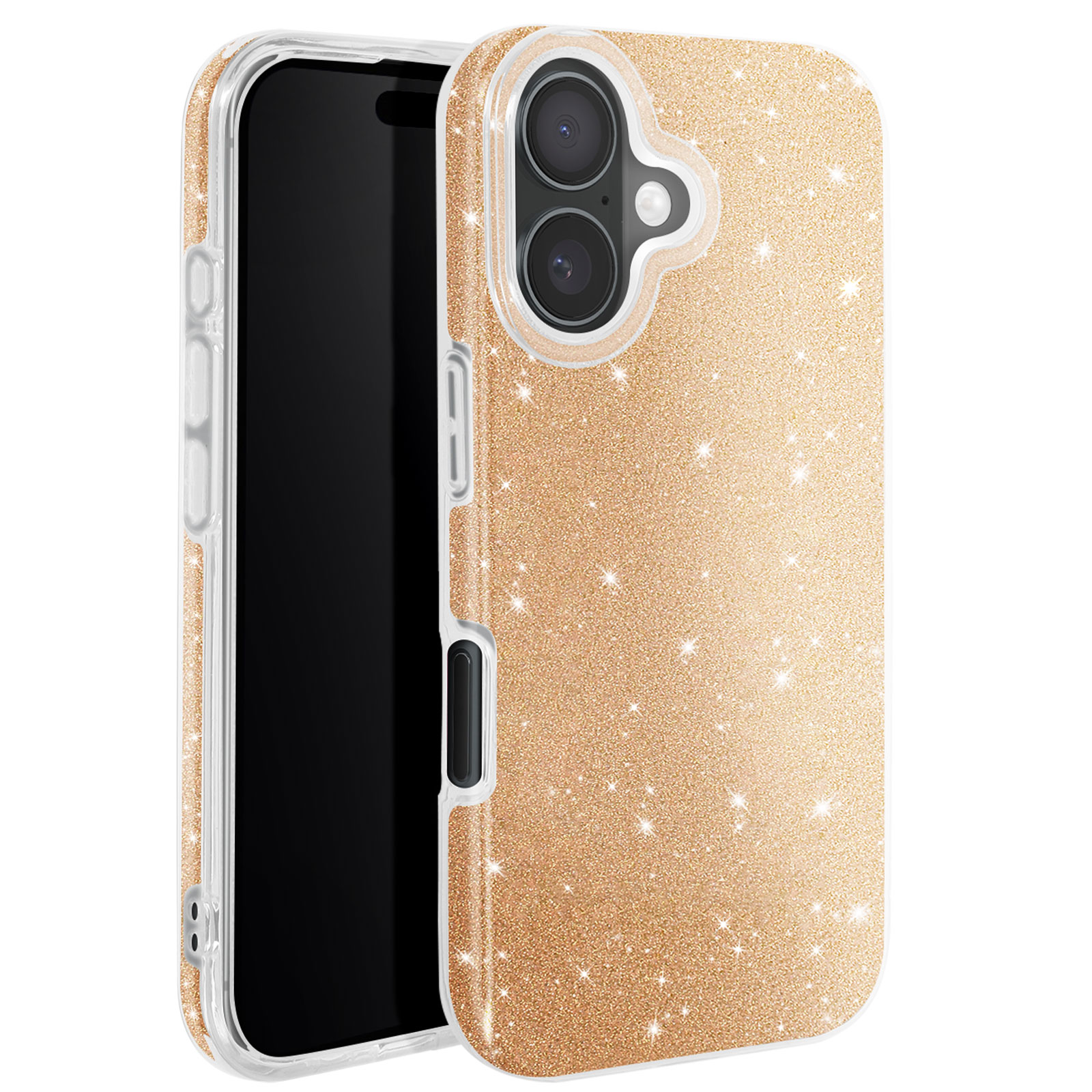 Un telefono in una custodia dorata glitterata. Schermo del telefono visibile. Sfondo bianco.