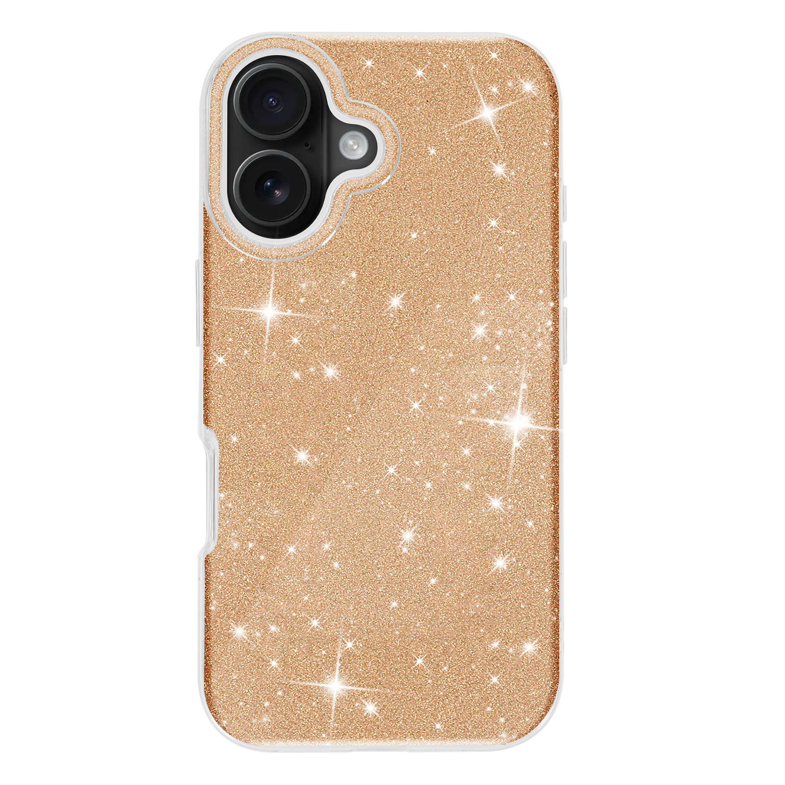 Custodia per telefono glitterata oro con fori per fotocamera e flash.