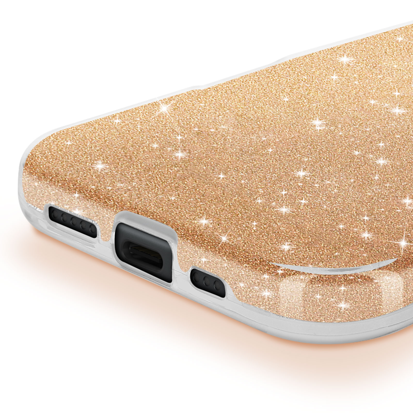 Custodia per telefono glitterata oro con fori per fotocamera e flash. Vista ravvicinata dal basso.