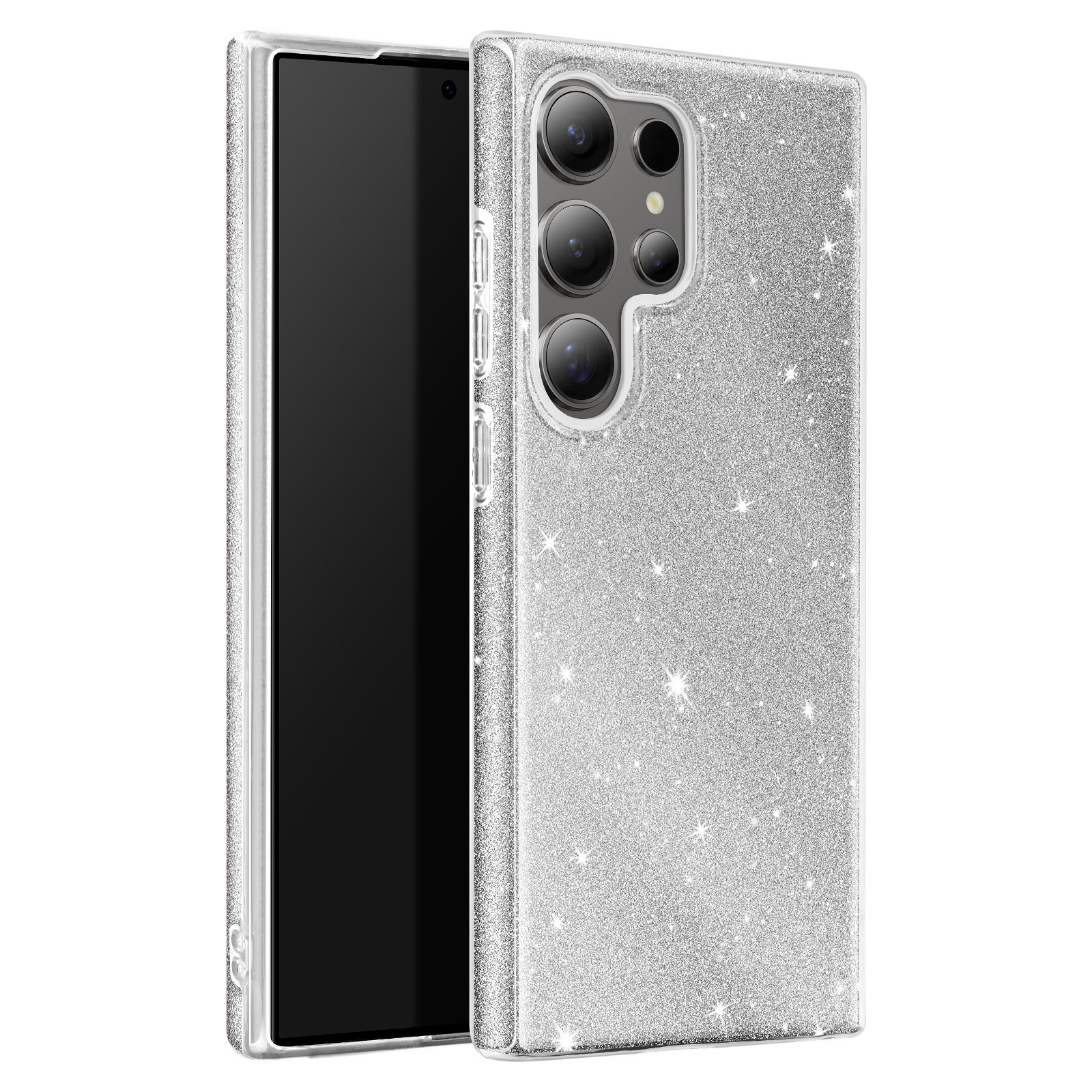 Custodia per telefono glitterata argento con fori per fotocamera e flash.