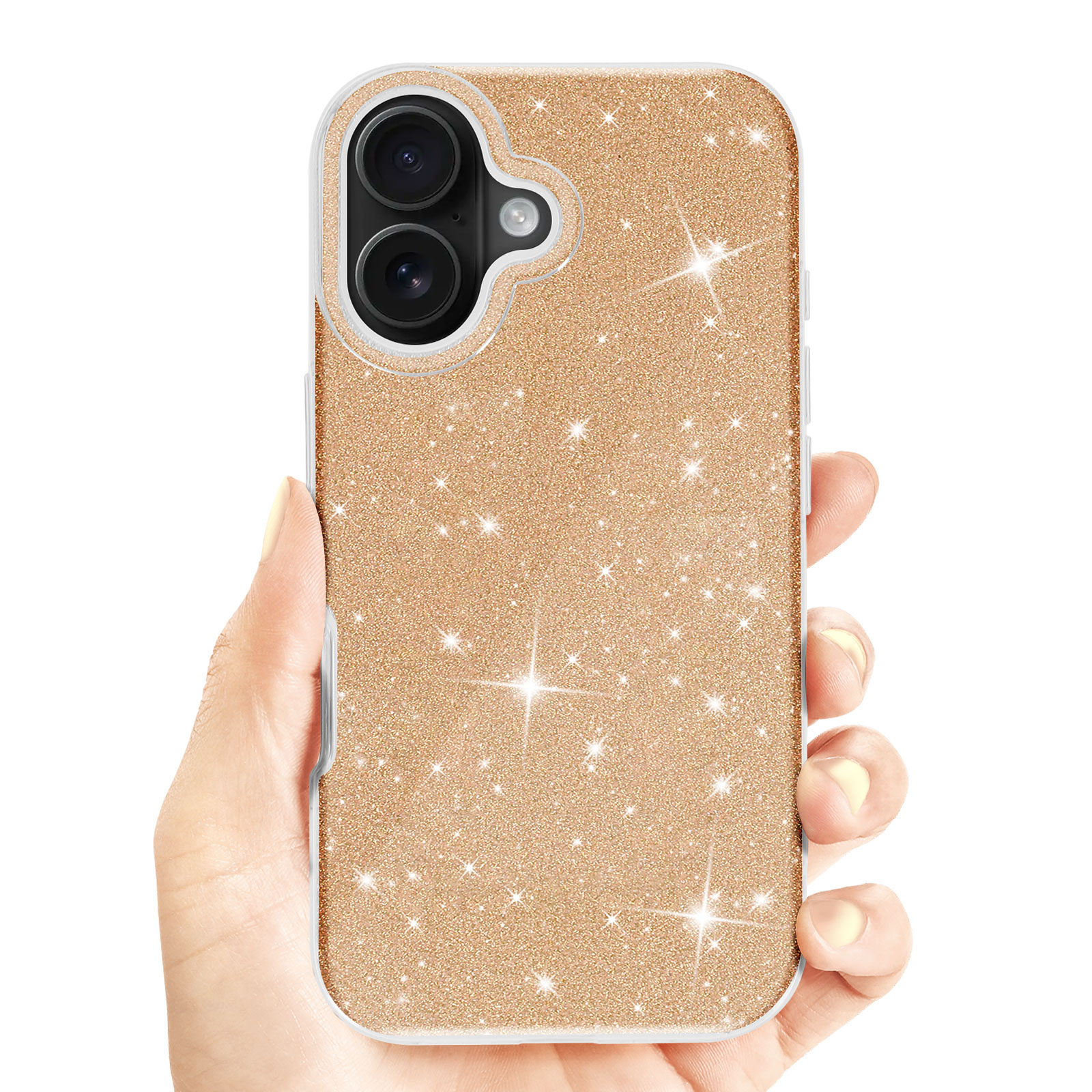 Mano che tiene una custodia per telefono glitterata oro con fori per fotocamera e flash.