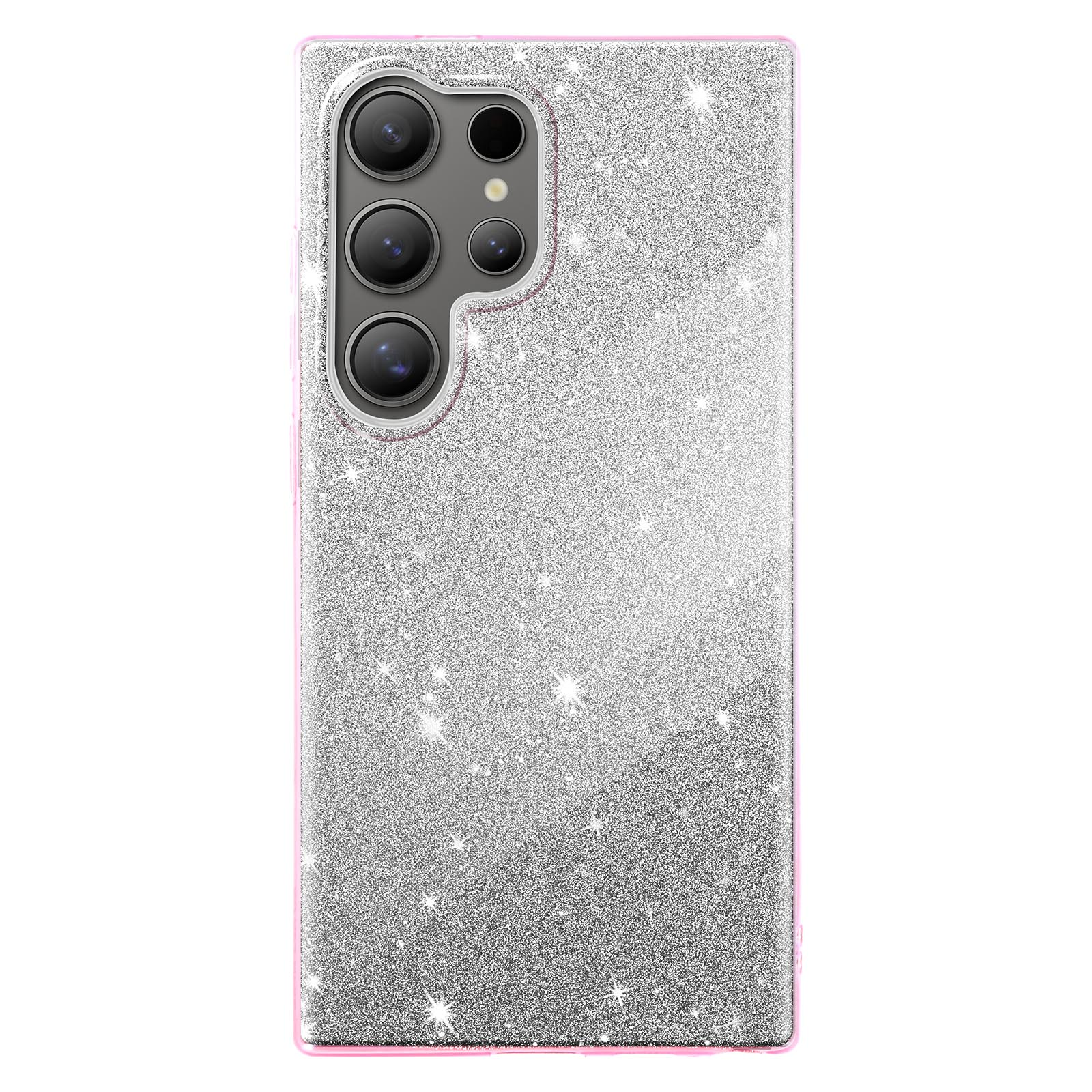 Custodia per telefono glitterata argentata con tre fotocamere. La custodia ha una cornice rosa.