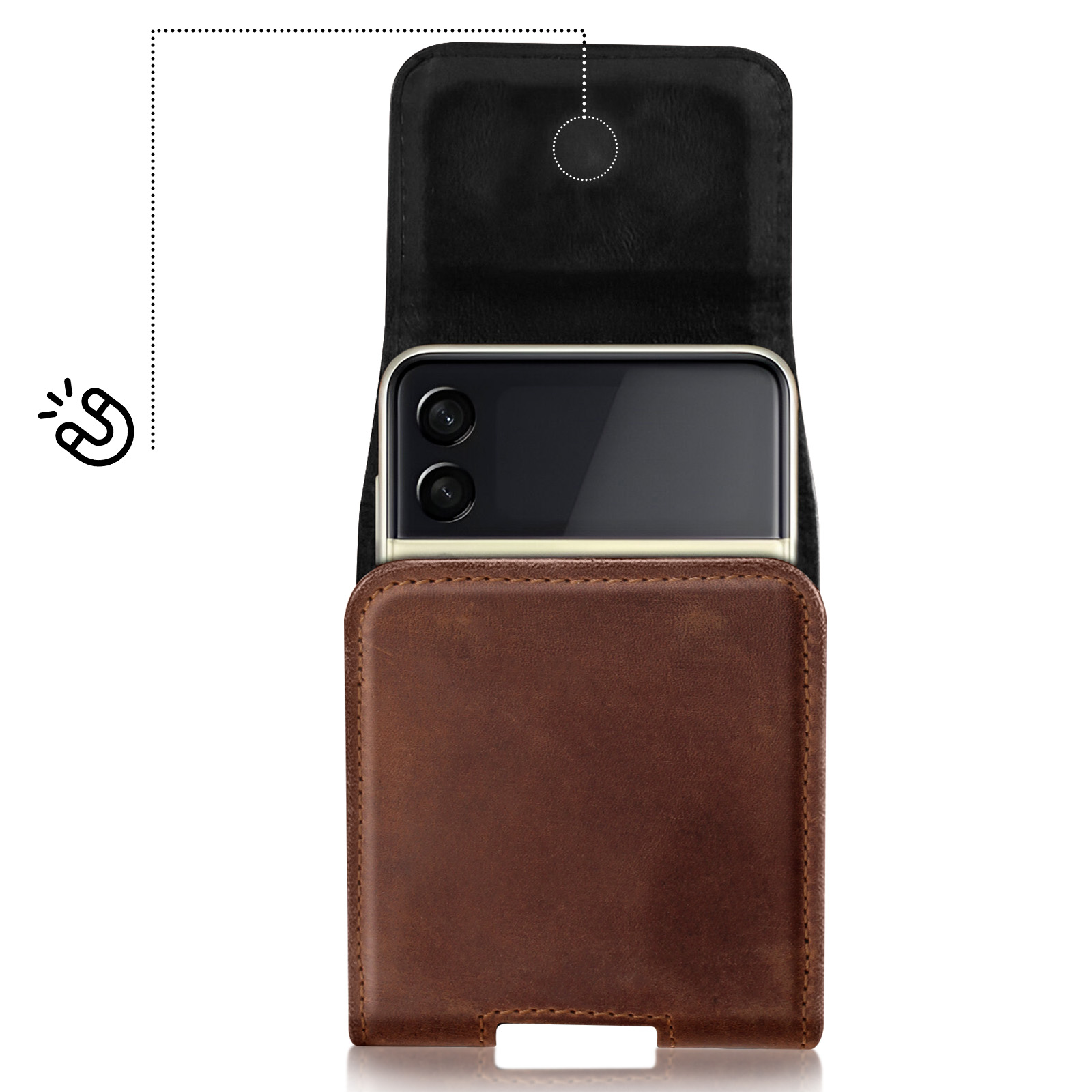 Custodia per telefono in pelle marrone aperta con un telefono all'interno. Chiusura magnetica.
