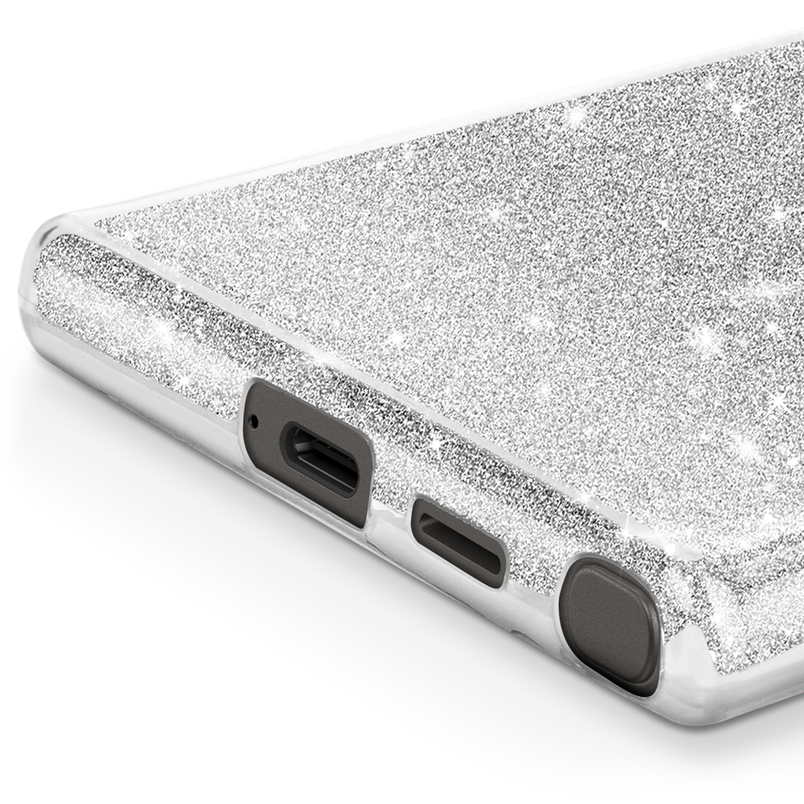 Dettaglio custodia per telefono glitterata argento. Porta di ricarica nera, glitter argento, dettagli neri.