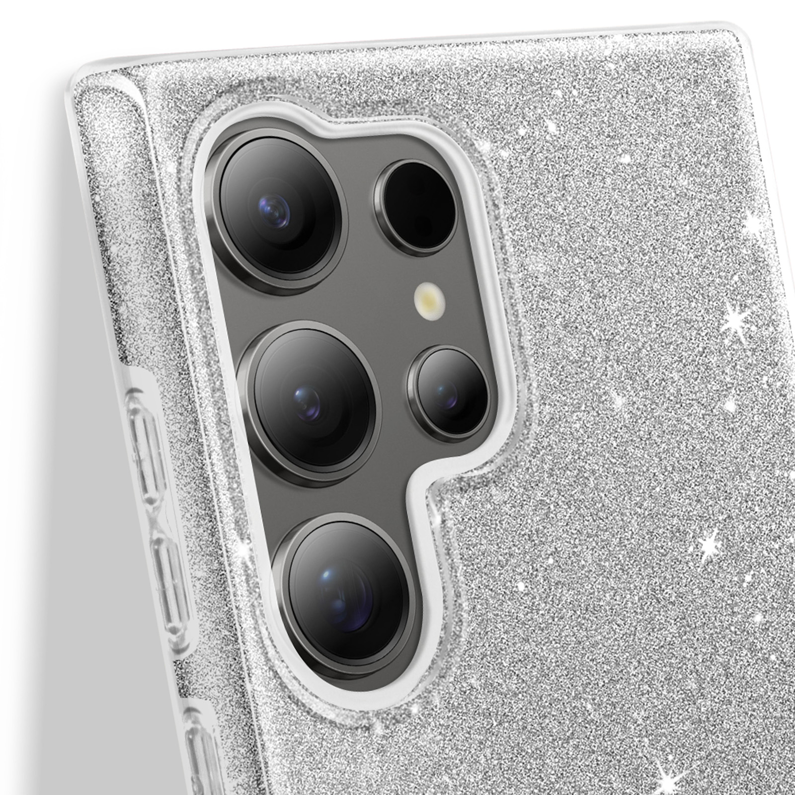 Custodia per telefono con glitter argentati con lenti della fotocamera visibili. La custodia è trasparente.