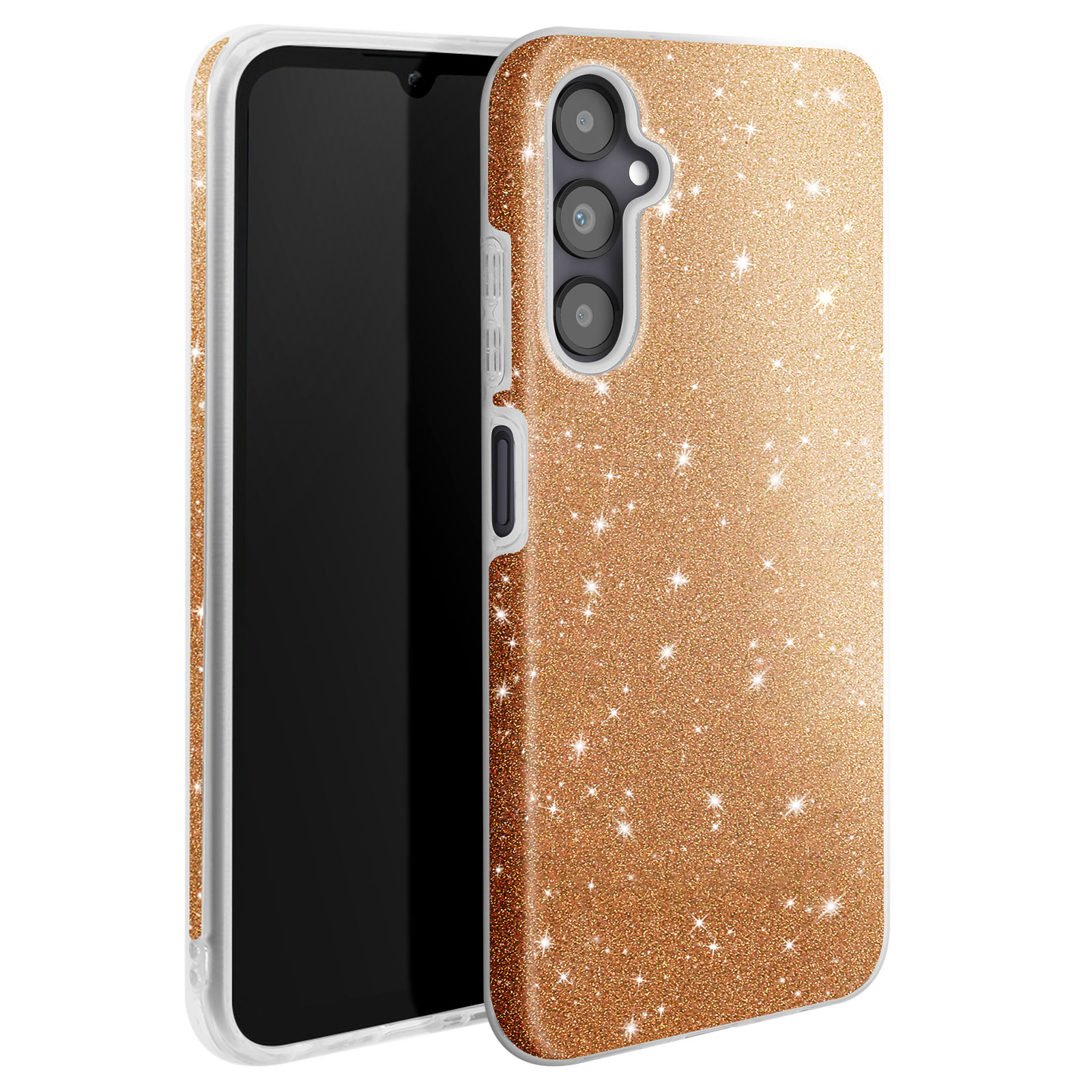 Custodia per telefono glitterata oro, telefono visibile. Cornice bianca, schermo nero del telefono.