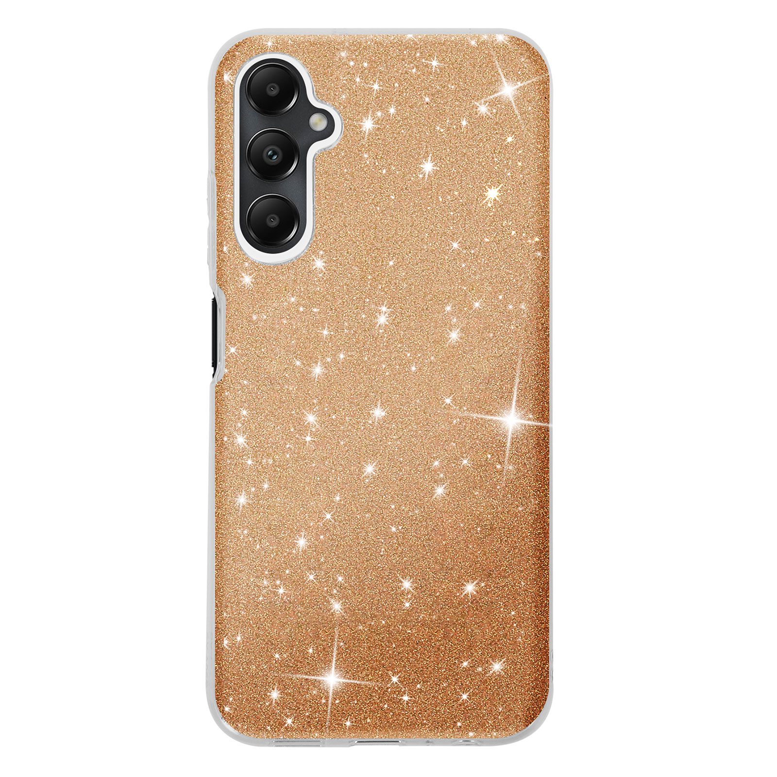 Custodia per telefono glitterata oro. Tre fotocamere, cornice bianca, stelle glitter.