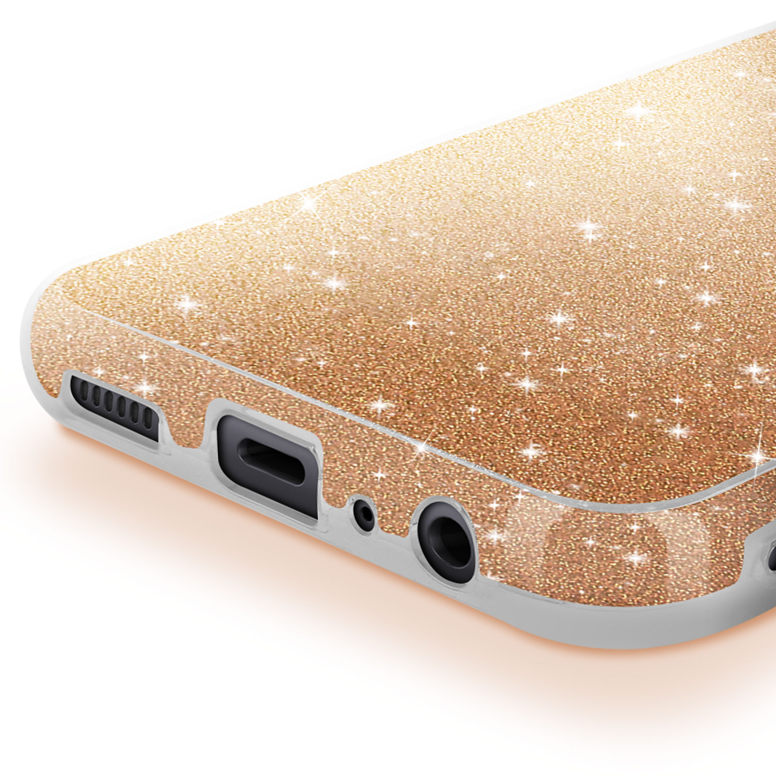 Dettaglio custodia per telefono glitterata oro. Cornice bianca, porta nera, glitter oro.