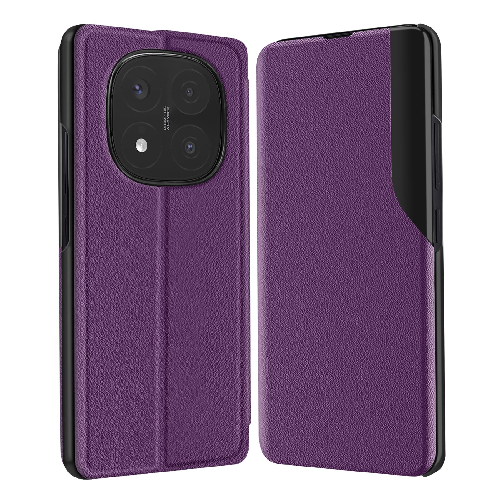 Custodia per telefono viola con una texture in pelle. Il telefono ha un modulo fotocamera e una cornice nera.