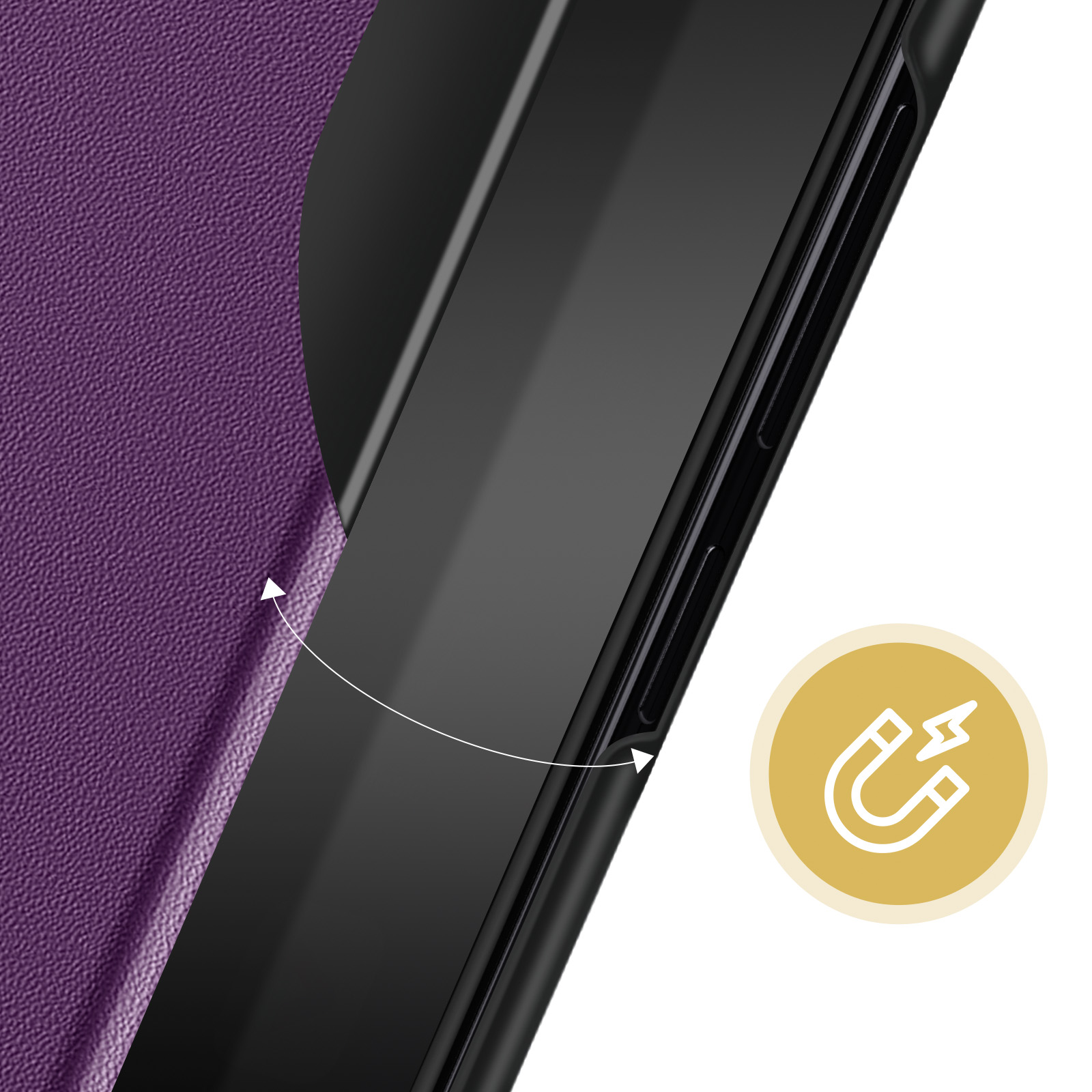 Primo piano di una custodia per telefono viola con un telefono nero all'interno.