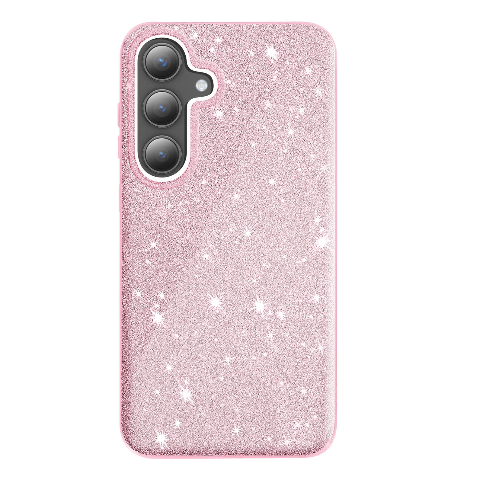 Custodia per telefono rosa glitterata, vista posteriore, con sporgenza della fotocamera.