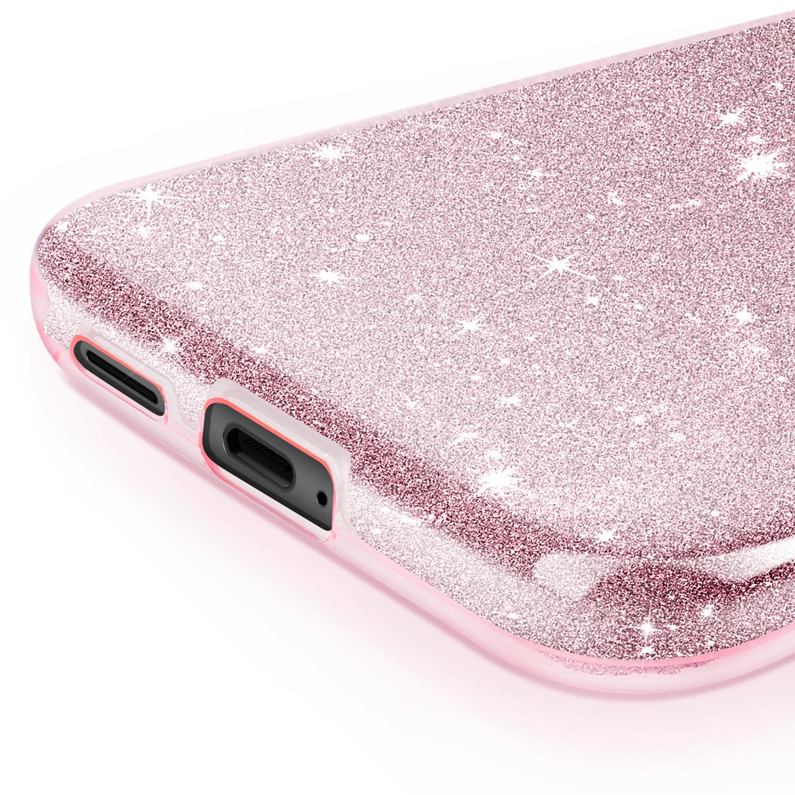Primo piano di una custodia per telefono rosa glitterata, che mostra il lato.