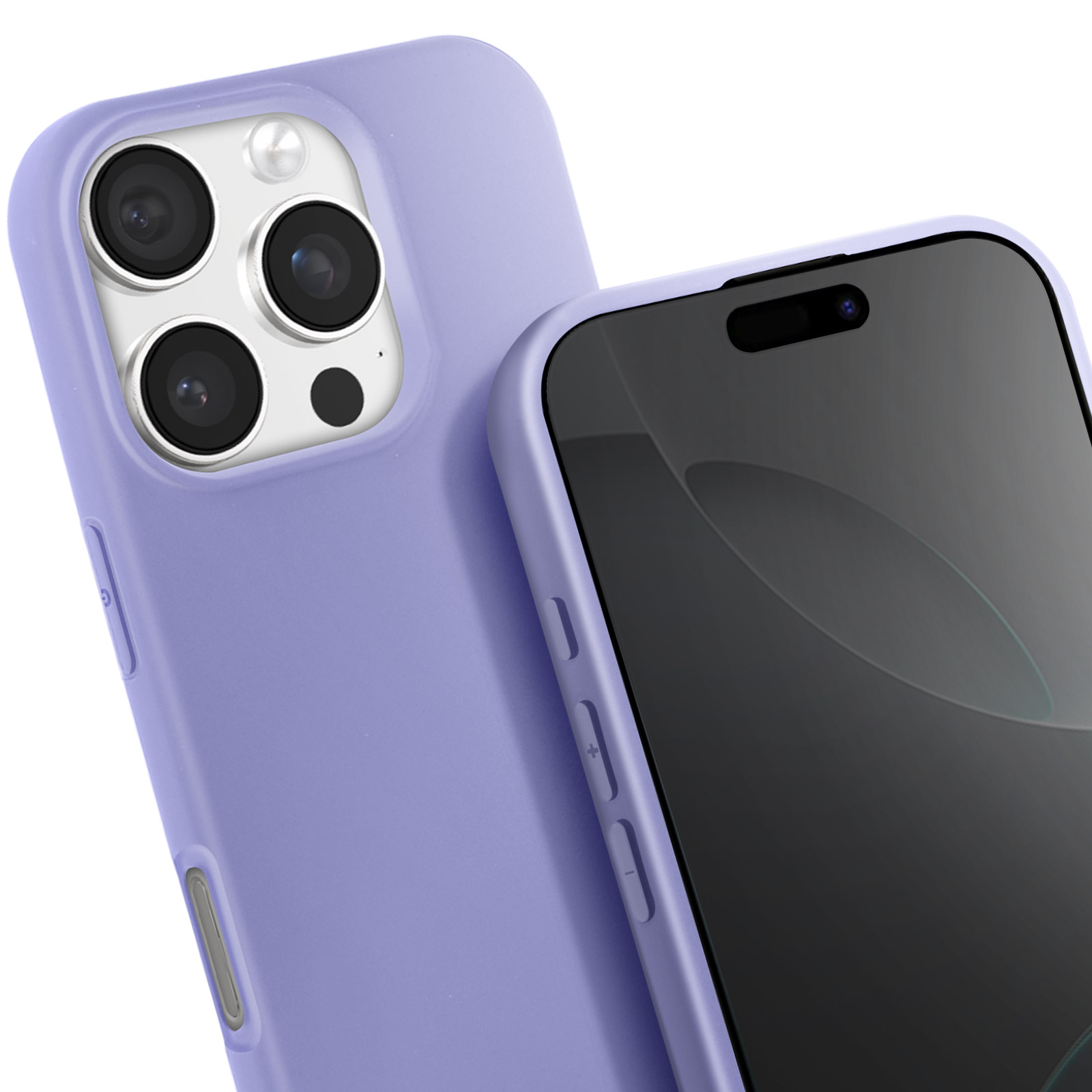 Twee telefoonhoesjes, één paars, één zwart. De paarse heeft camera's. De zwarte is rechts.