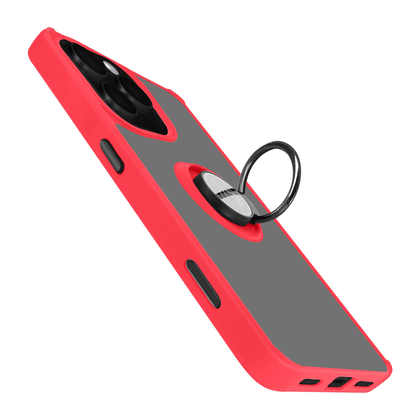 Custodia rossa con retro grigio e anello nero. Il telefono ha tre fotocamere. Vista angolata.