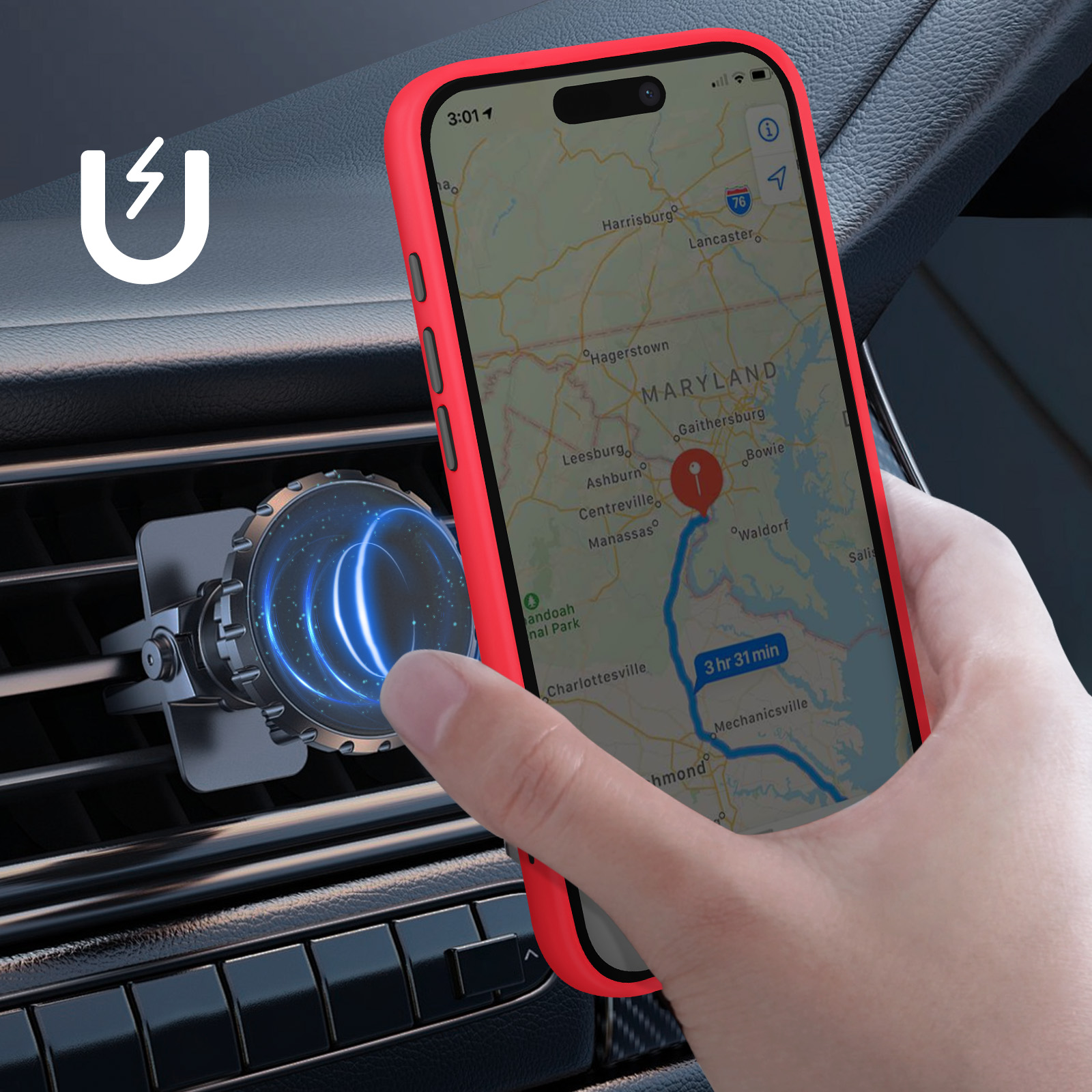 Una mano che tiene un telefono rosso in auto. Viene visualizzata una mappa. Supporto magnetico per telefono.
