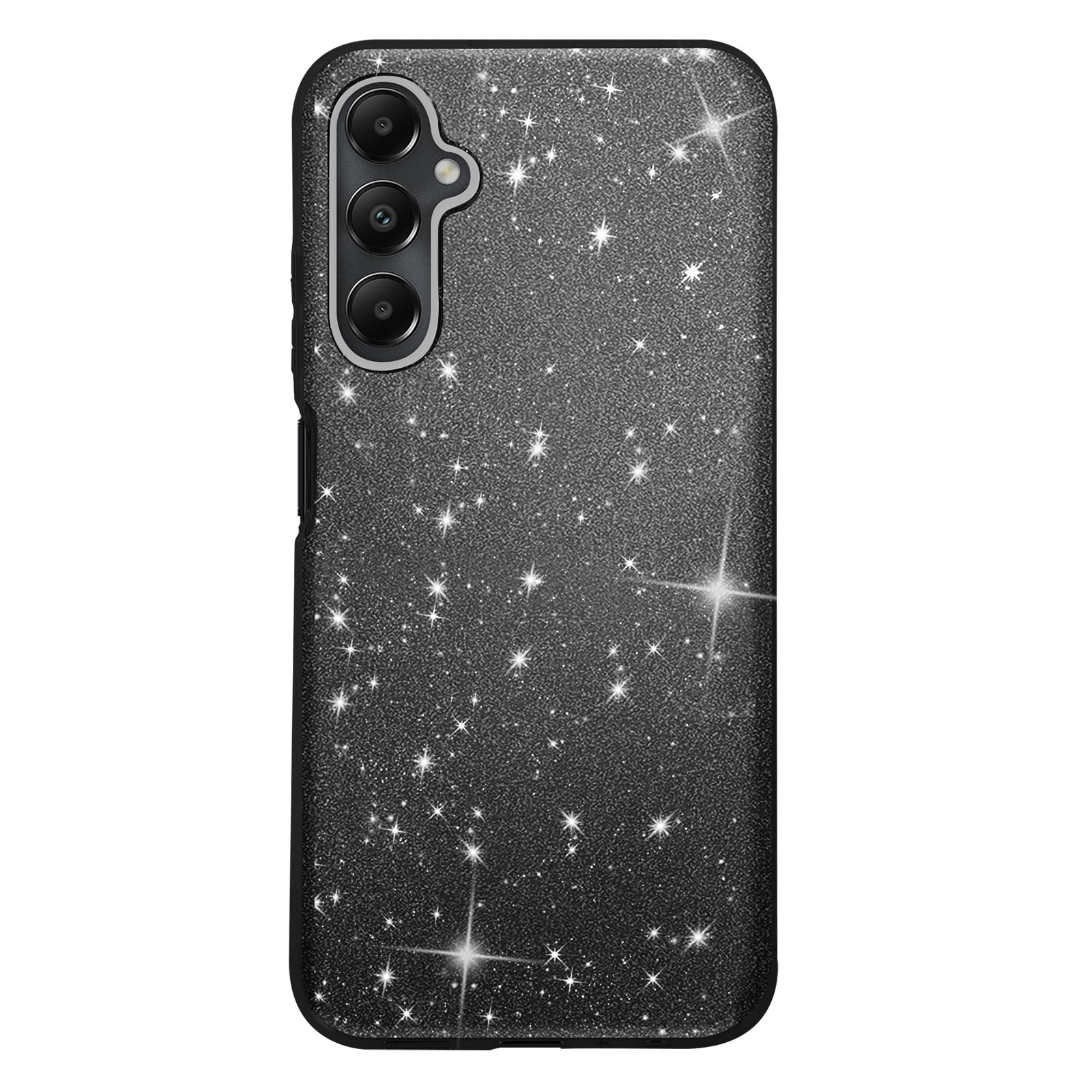 Custodia nera con glitter e tre lenti. La custodia è rivolta verso l'alto.