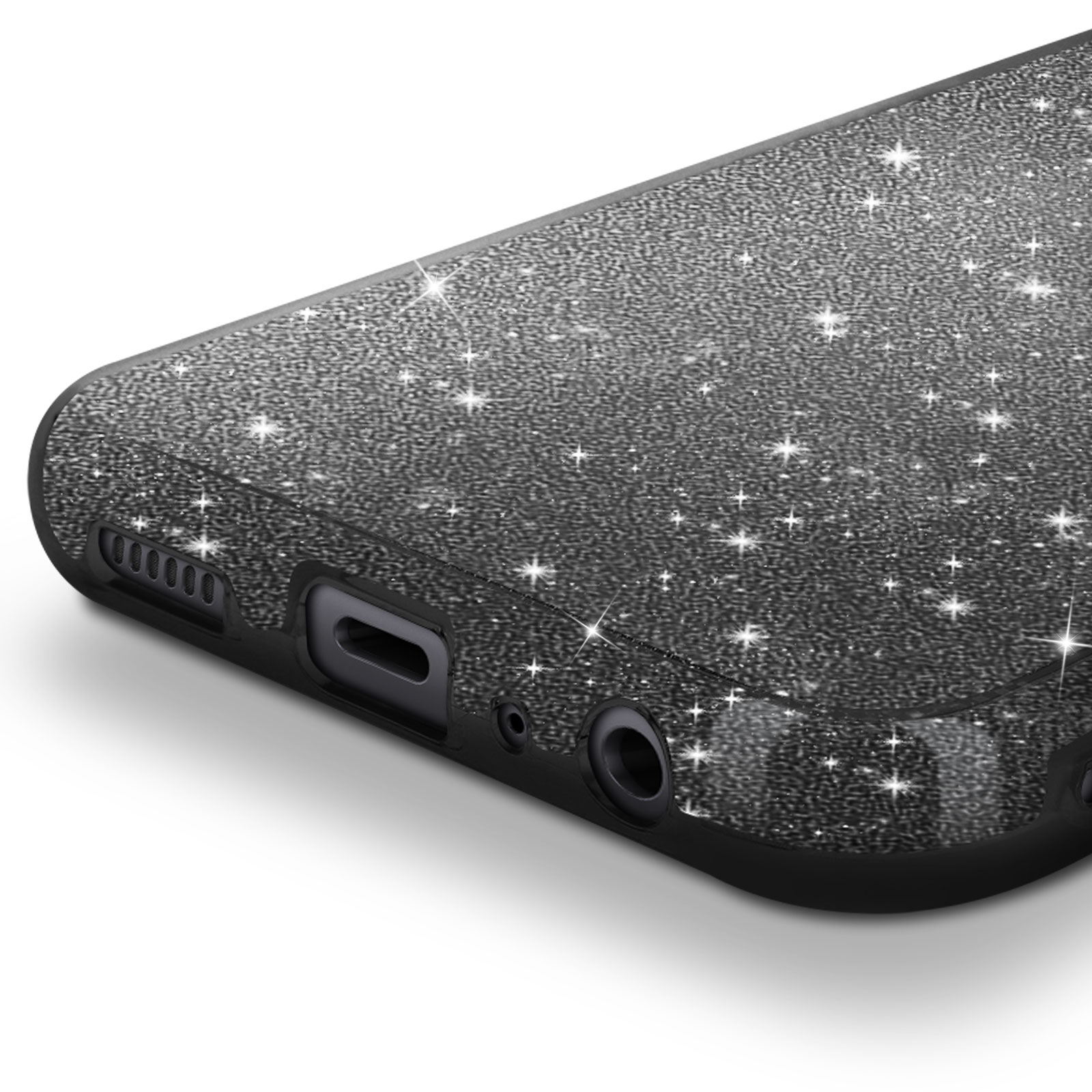 Primo piano della parte inferiore del telefono, custodia nera con glitter e porta.