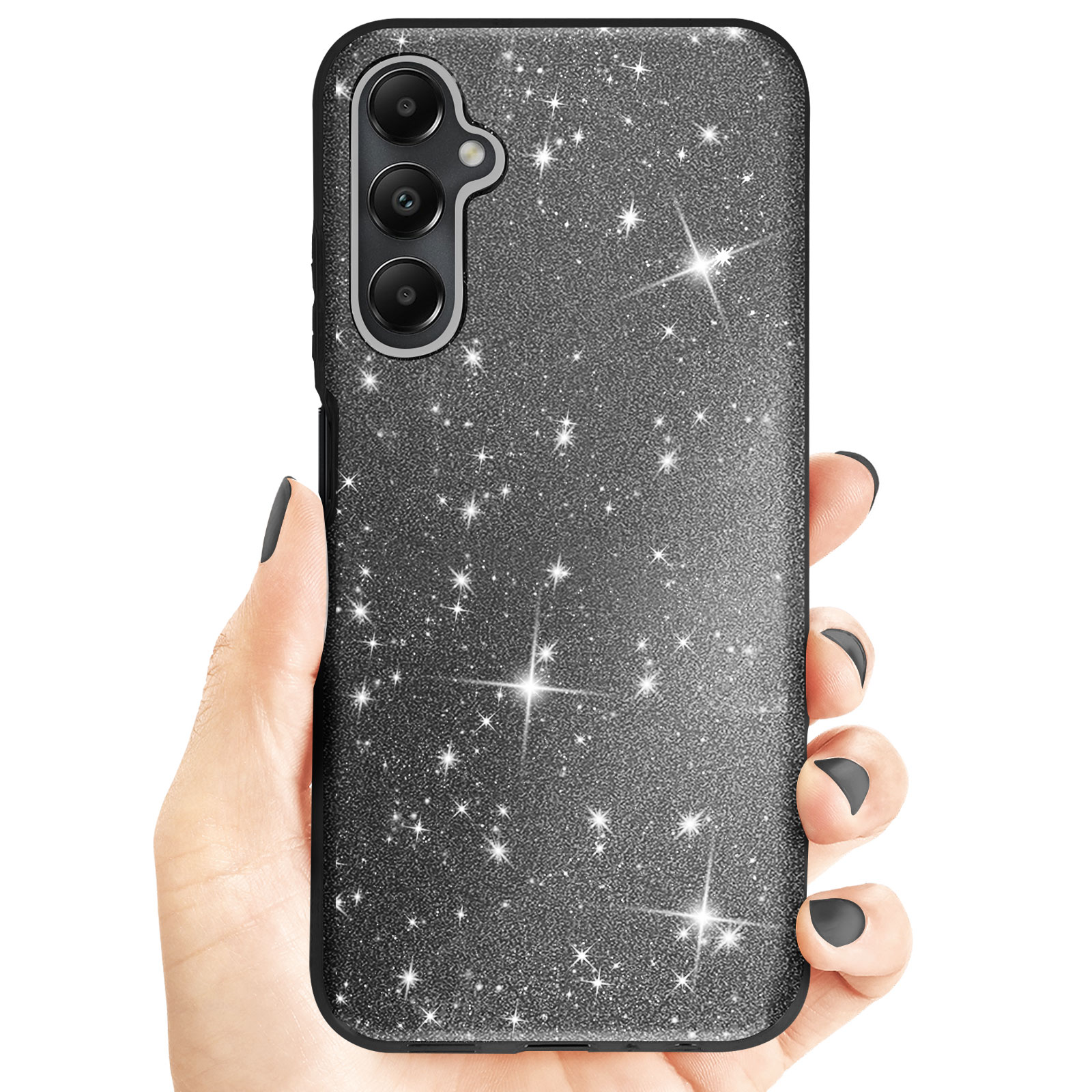 Mano di donna che tiene una custodia per telefono glitterata nera.