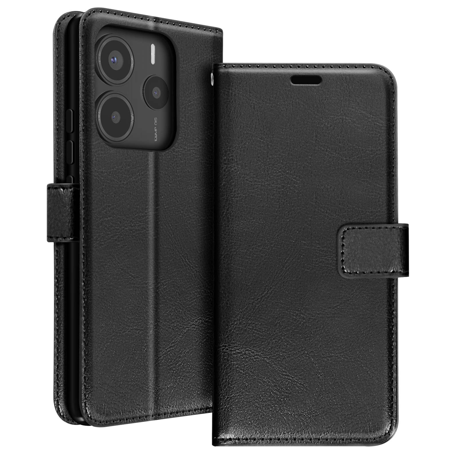 Custodia in pelle nera, telefono con tre fotocamere visibili.