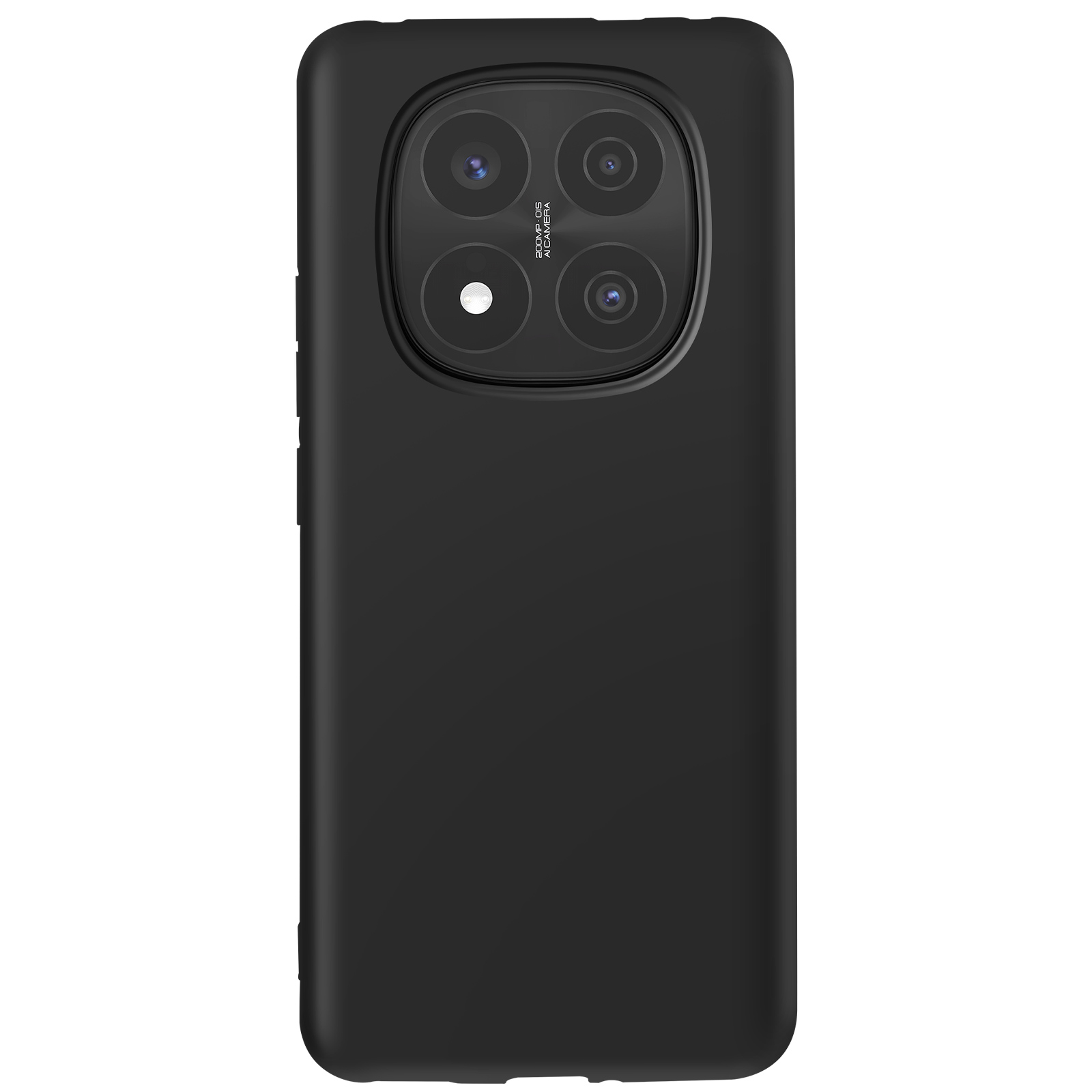 Custodia nera per telefono con foro per la fotocamera, vista angolata, che mostra il retro. Sfondo bianco.