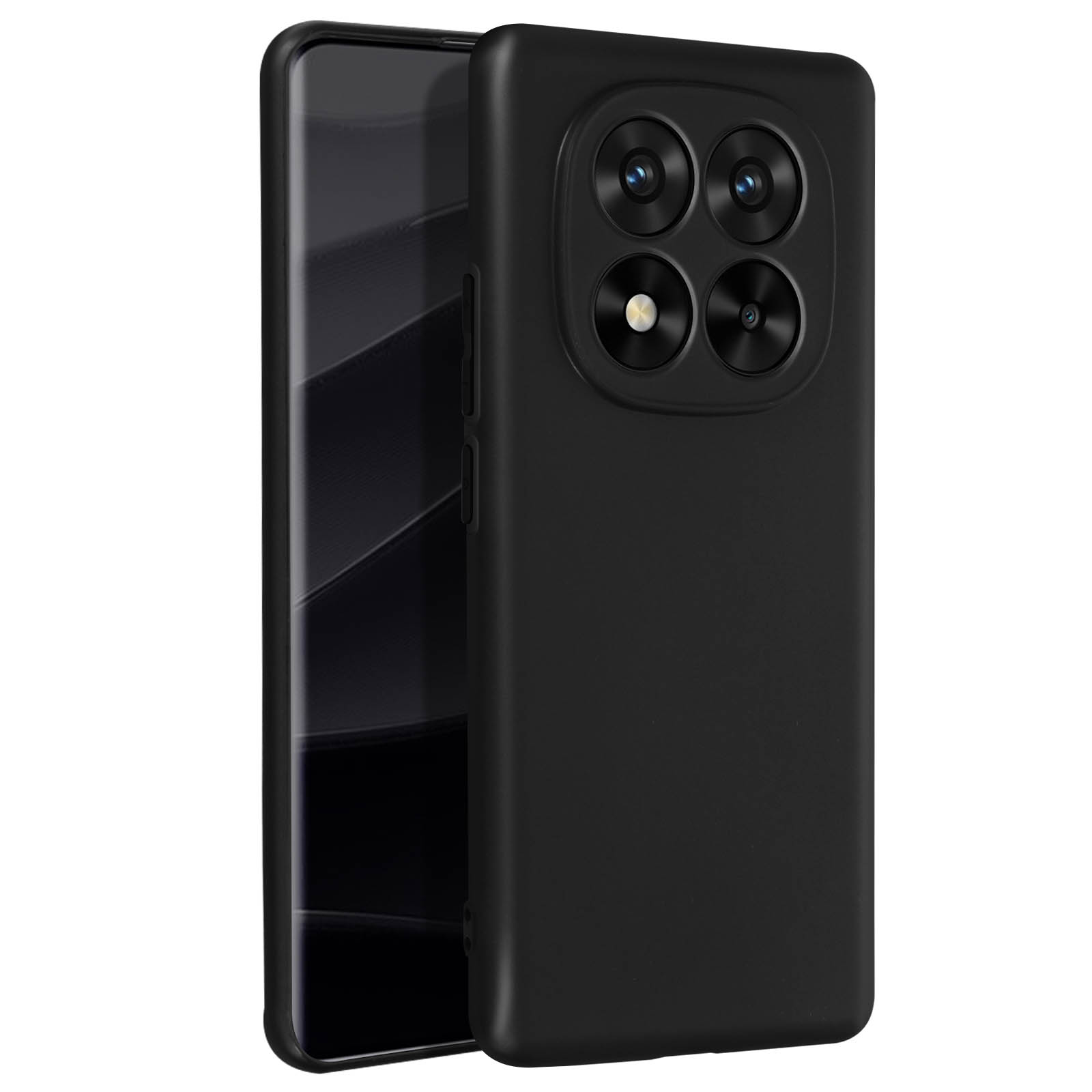 Custodia nera per telefono su sfondo bianco. La custodia ha un ritaglio per la fotocamera. Vista angolata, che mostra il lato.