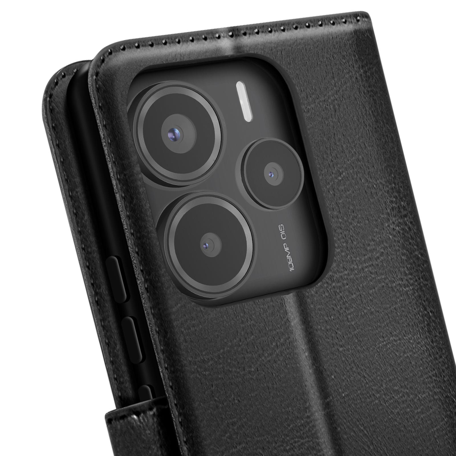 Custodia in pelle nera per telefono con telefono all'interno. Le fotocamere sono visibili.