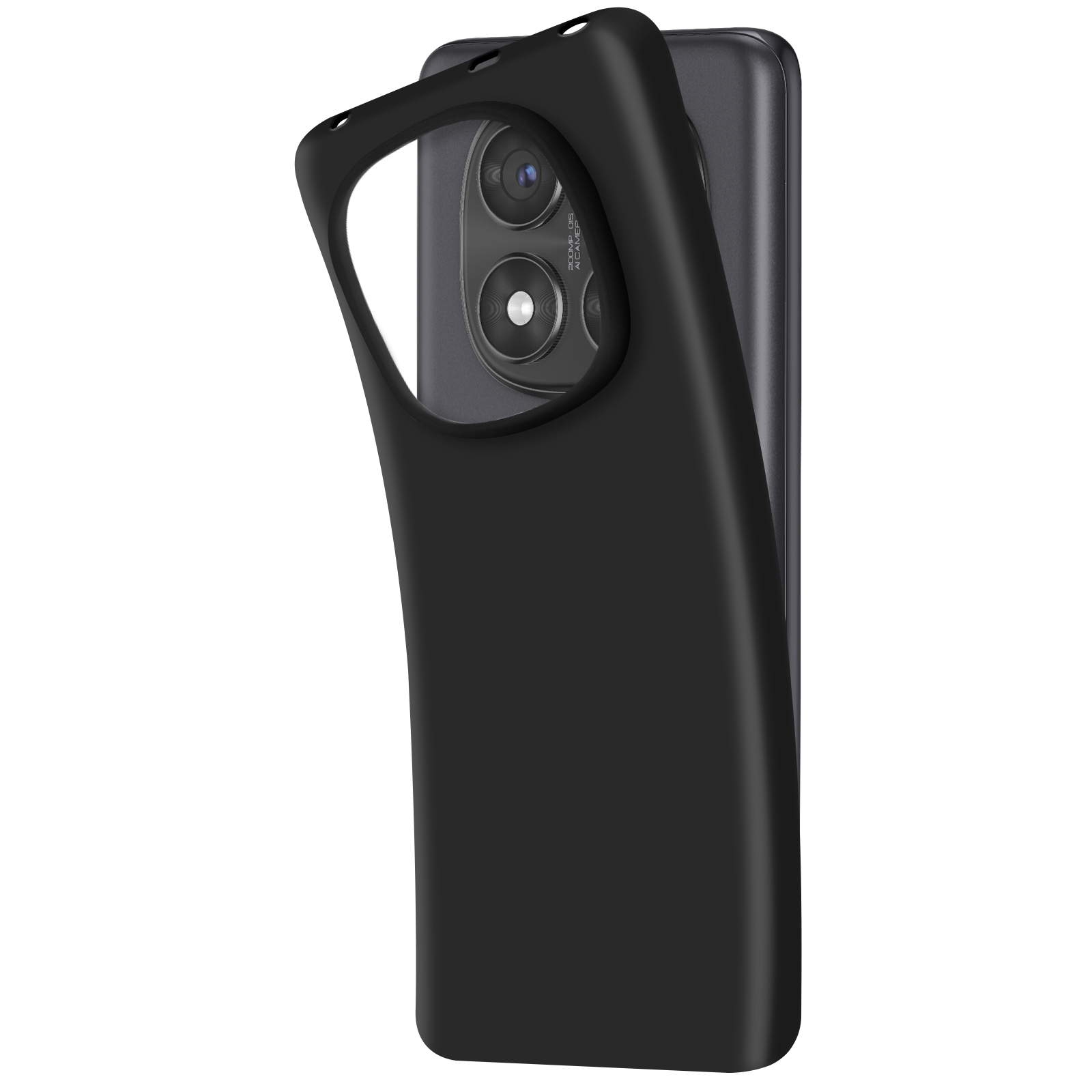 Custodia nera per telefono rimossa da un telefono. Il telefono ha tre obiettivi.