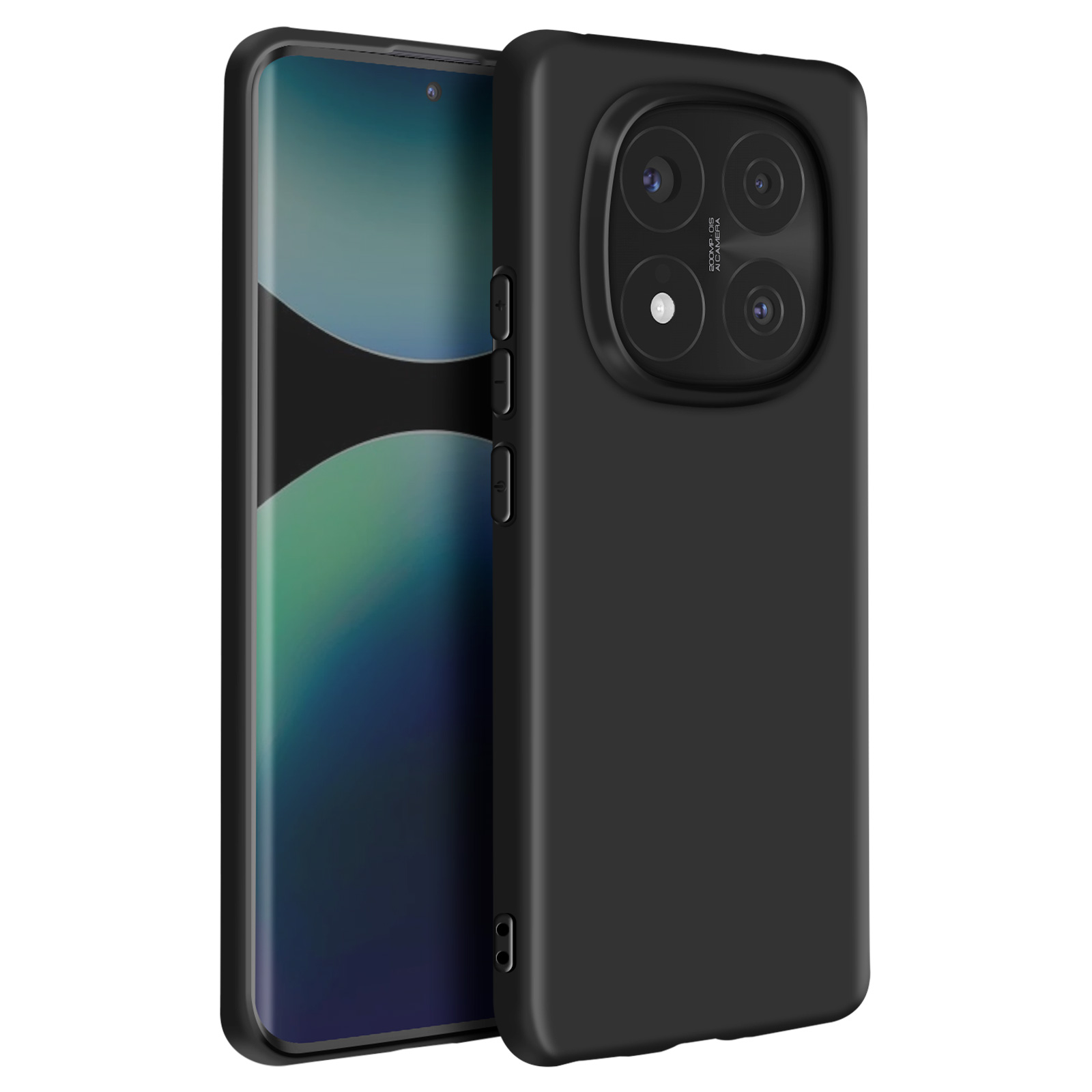 Custodia nera per telefono con protuberanza della fotocamera e pulsanti. Vista laterale.