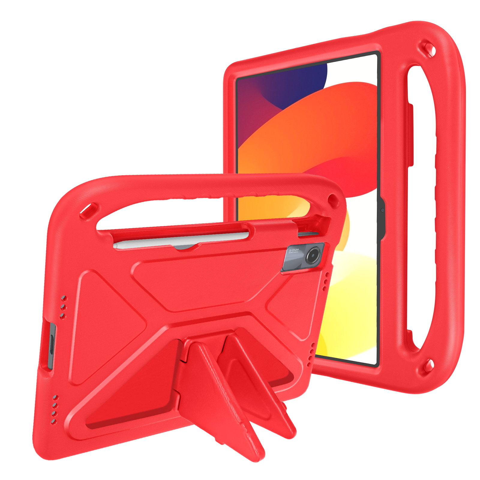 Custodia per tablet rossa con un tablet all'interno. La custodia ha un supporto ed è realizzata in plastica dura. Ha una fotocamera.