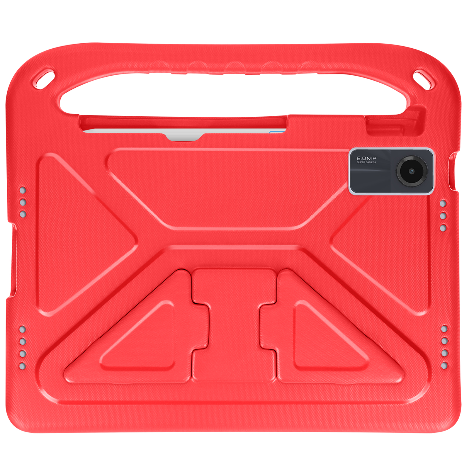 Custodia rossa per tablet con maniglia e ritaglio per fotocamera. Ha un design strutturato e caratteristiche protettive.