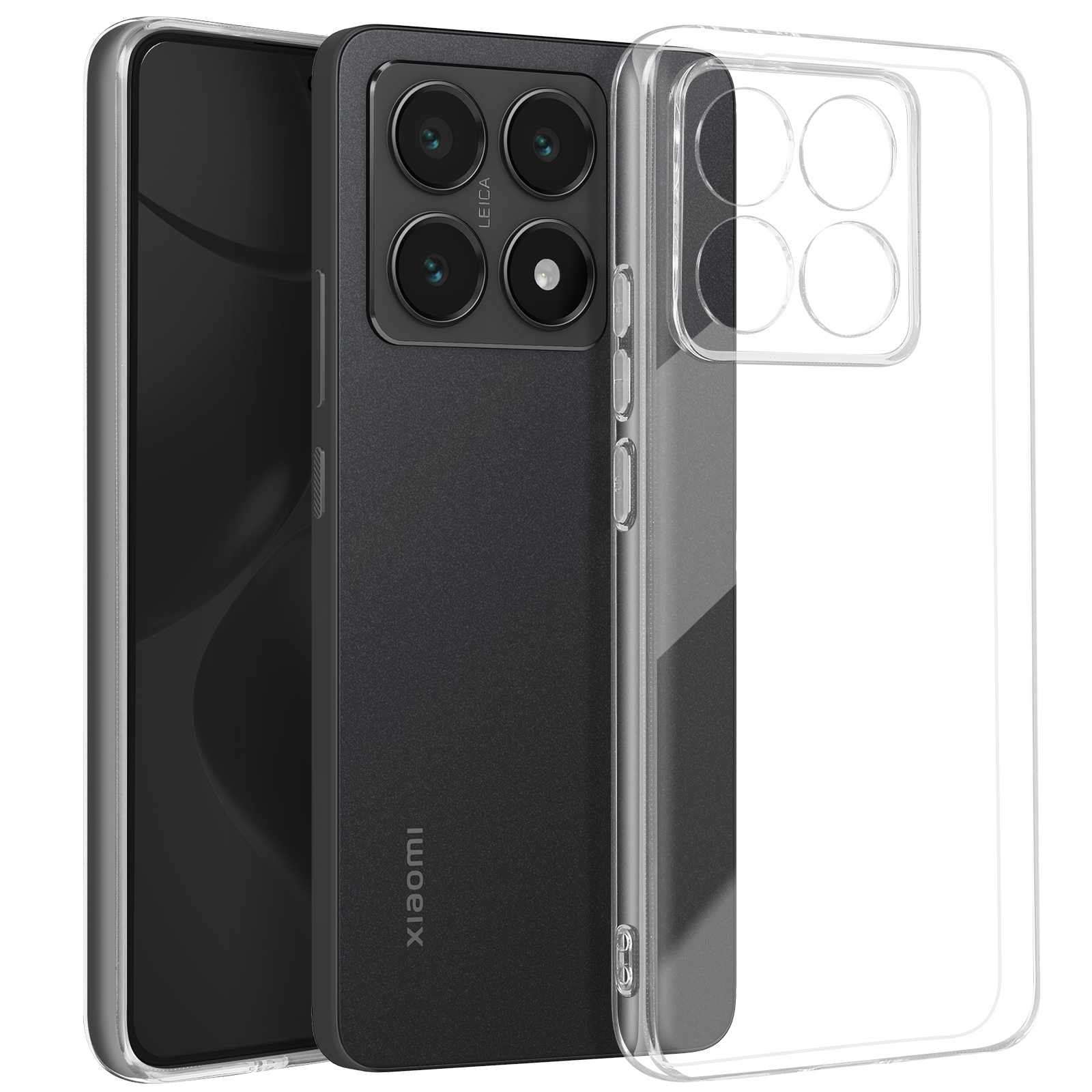 Telefono nero con una custodia trasparente. Il telefono ha un ampio modulo fotocamera con quattro obiettivi.