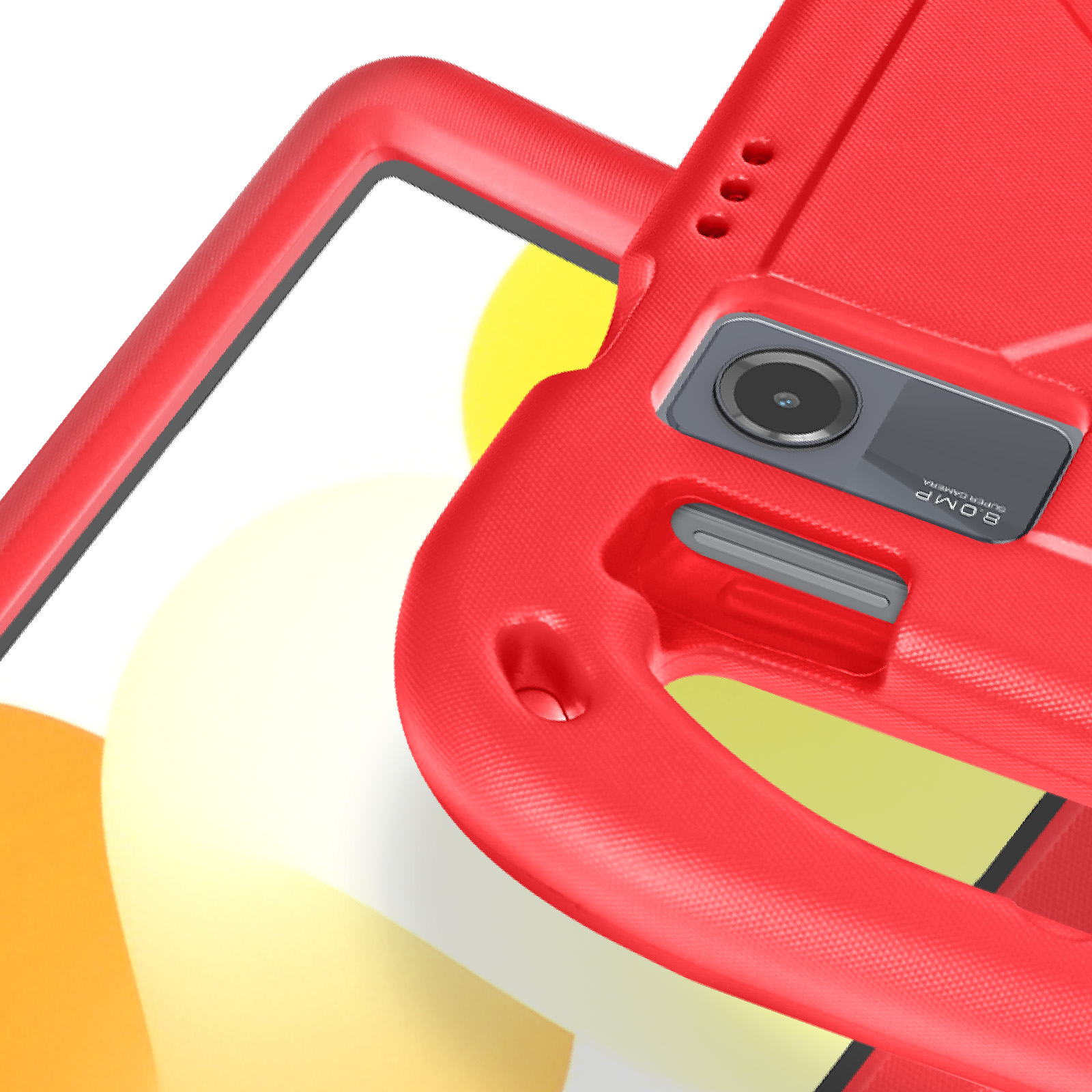 Custodia per tablet rossa con un tablet all'interno. La custodia ha un supporto ed è realizzata in plastica dura. Ha una fotocamera.