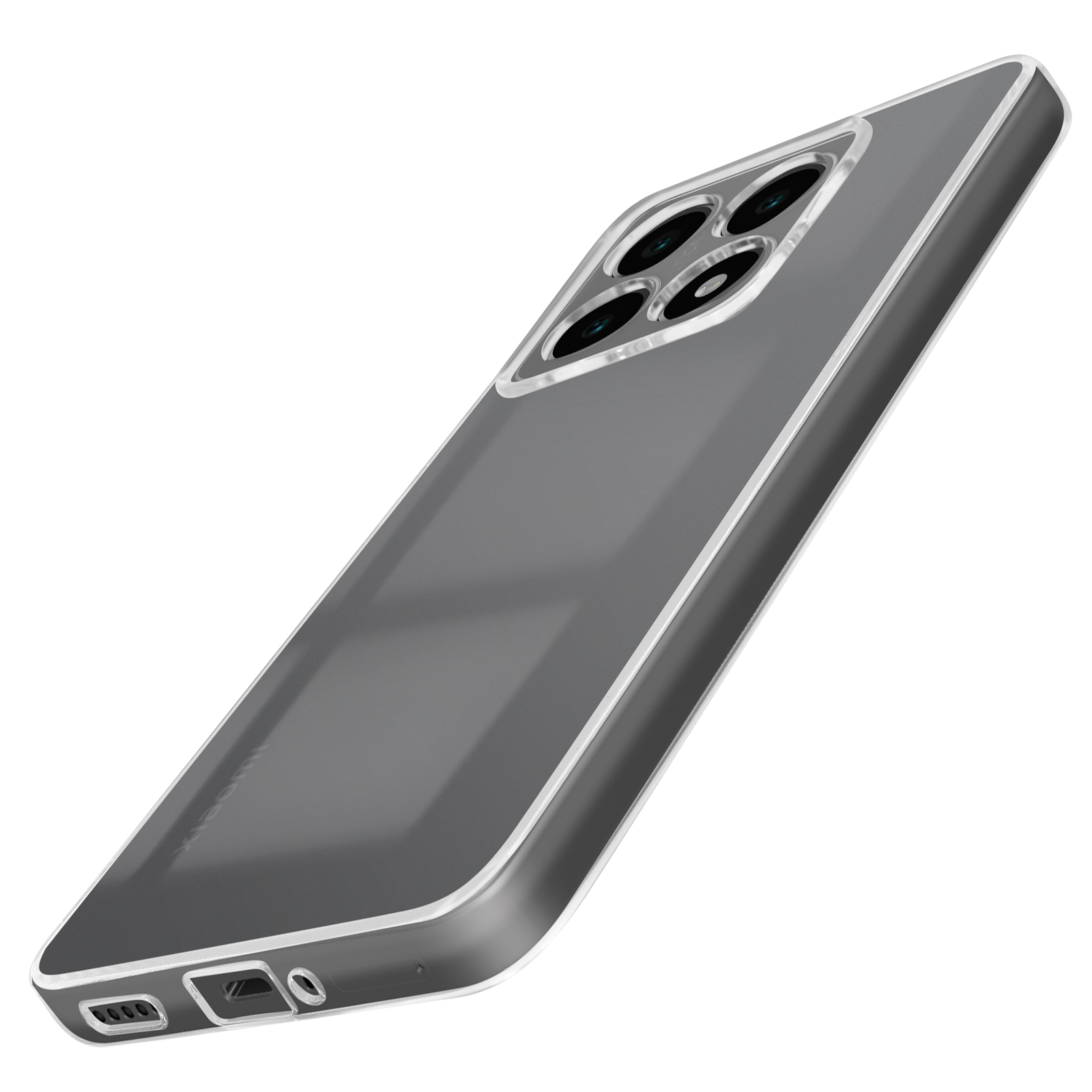 Custodia trasparente per telefono, che mostra le fotocamere del telefono. La custodia ha un bordo argentato metallico.