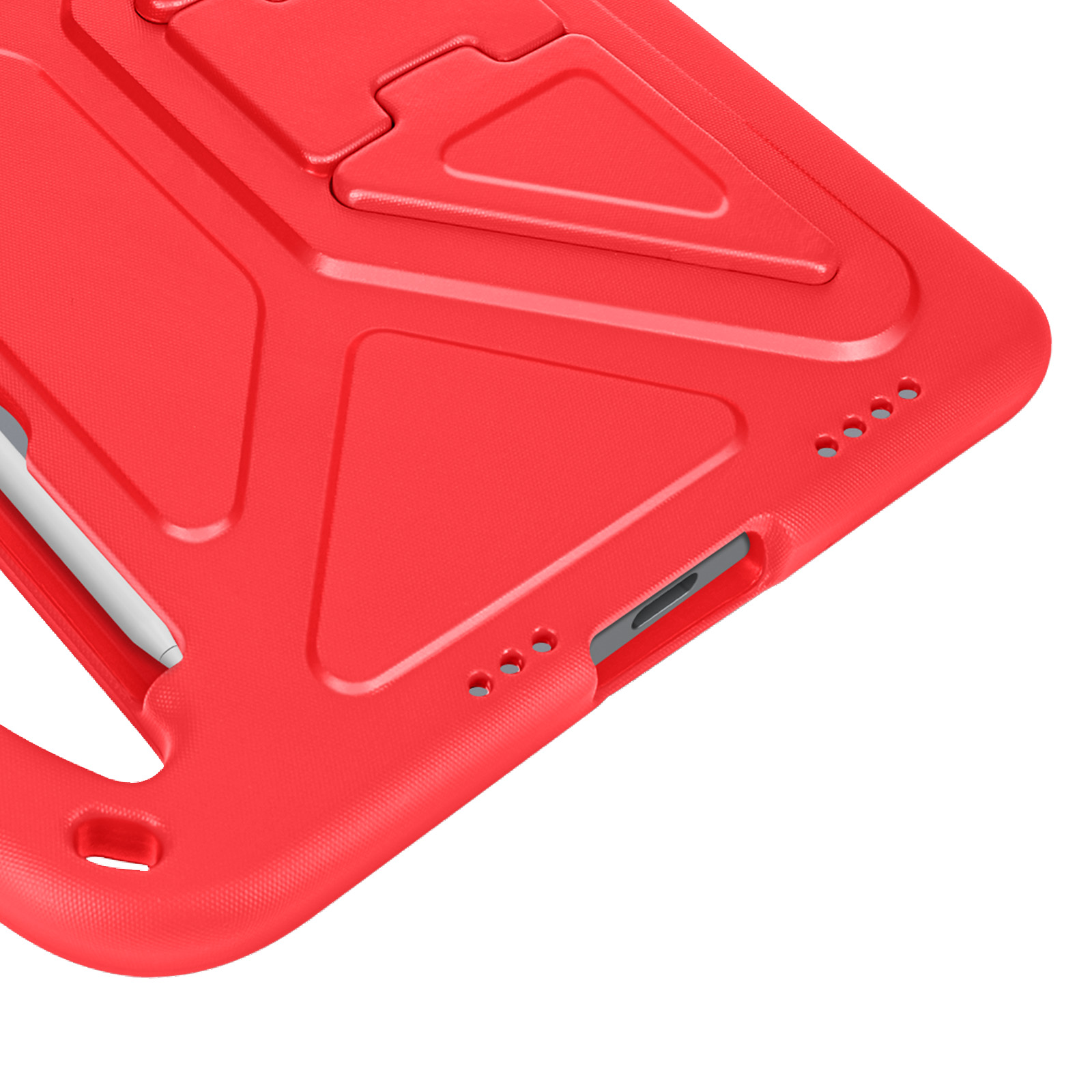 Vista angolare di una custodia rossa per tablet con stilo e ritagli per porte. La custodia ha una superficie strutturata.