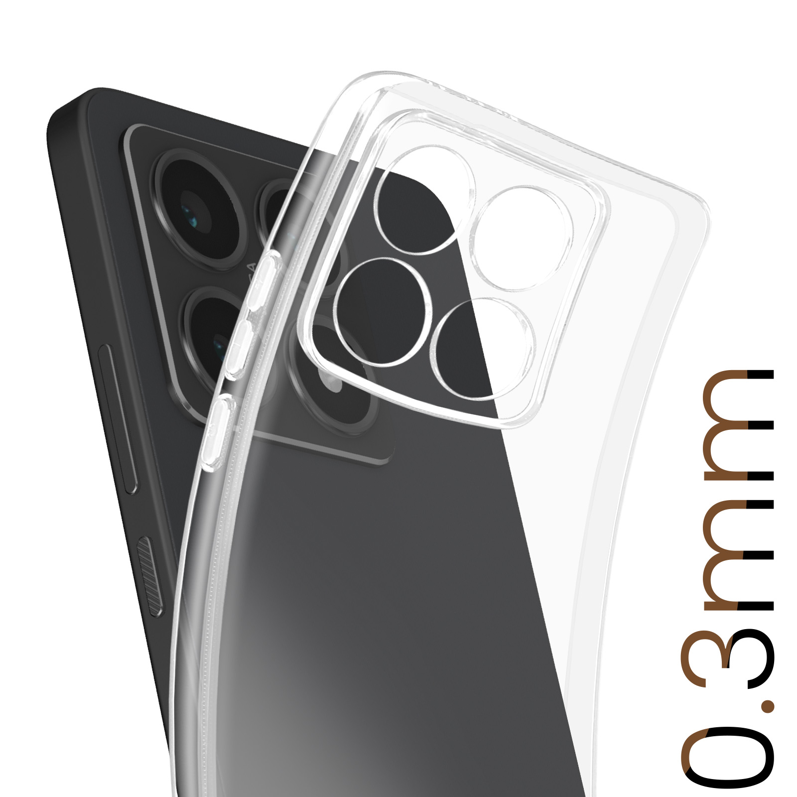 Primo piano di una custodia trasparente per telefono su un telefono, che mostra gli obiettivi della fotocamera. Il testo recita 0,3 mm.