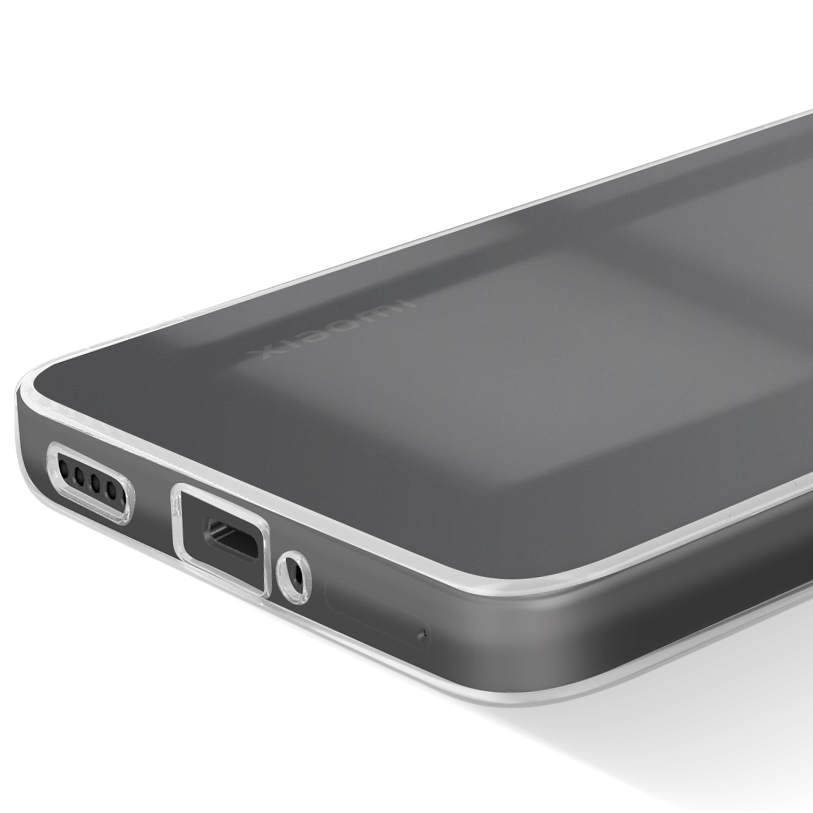 Primo piano di una custodia trasparente per telefono con schermo scuro, che mostra i dettagli della fotocamera e delle porte.