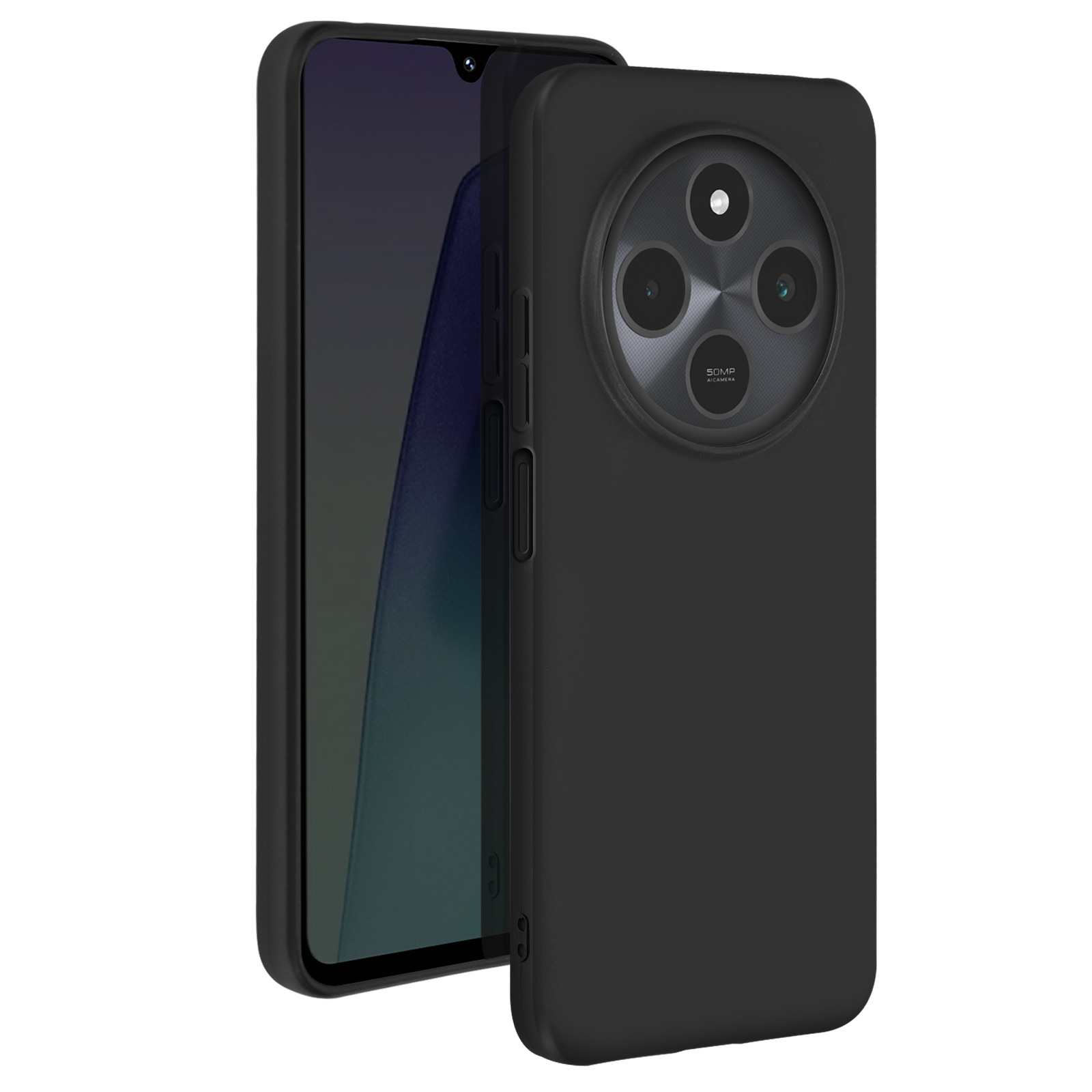 Telefono nero con custodia, con configurazione a tripla fotocamera sul retro, isolato.