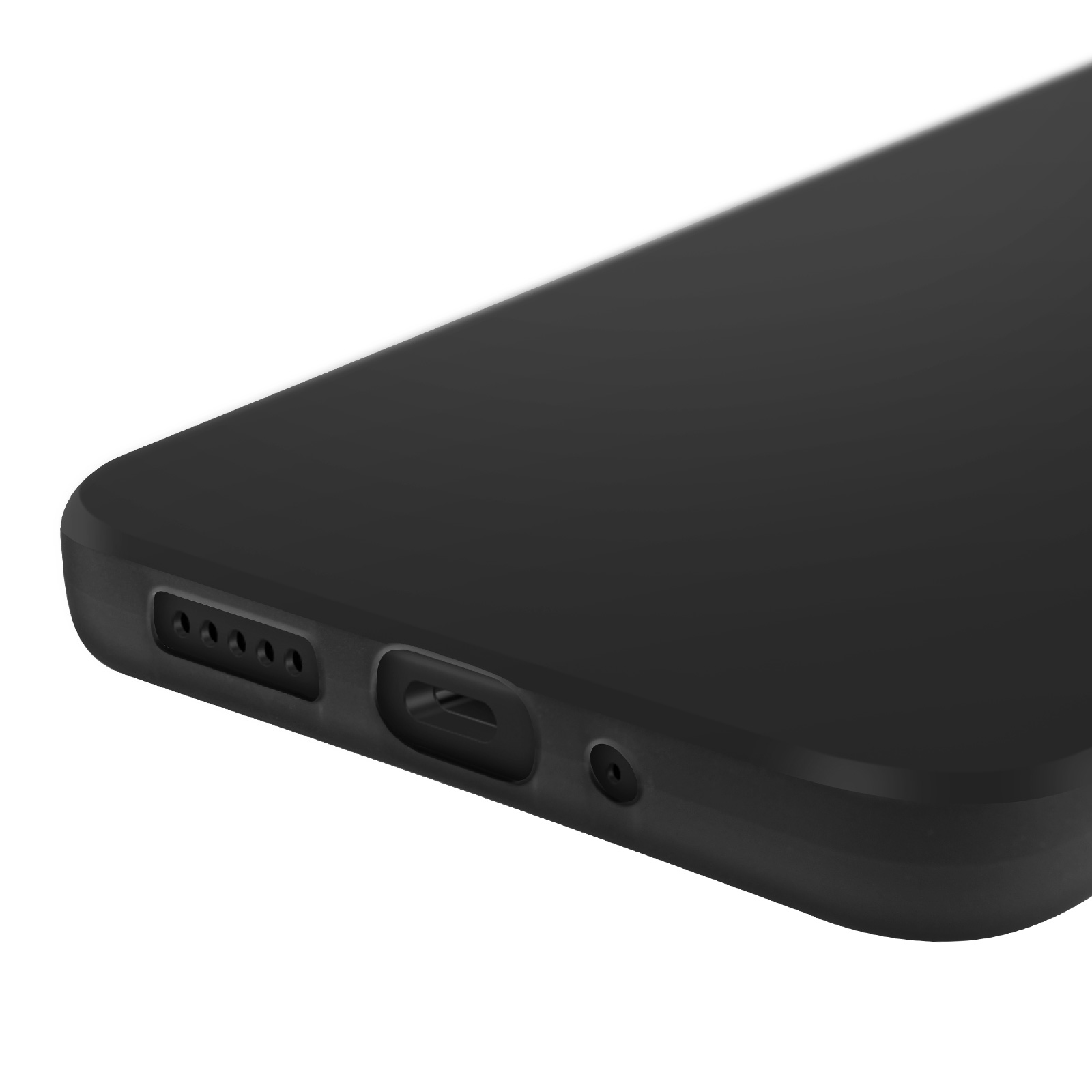 Primo piano su una custodia nera per telefono che mostra le porte inferiori. Ci sono fori per altoparlanti, una porta di ricarica e un microfono.