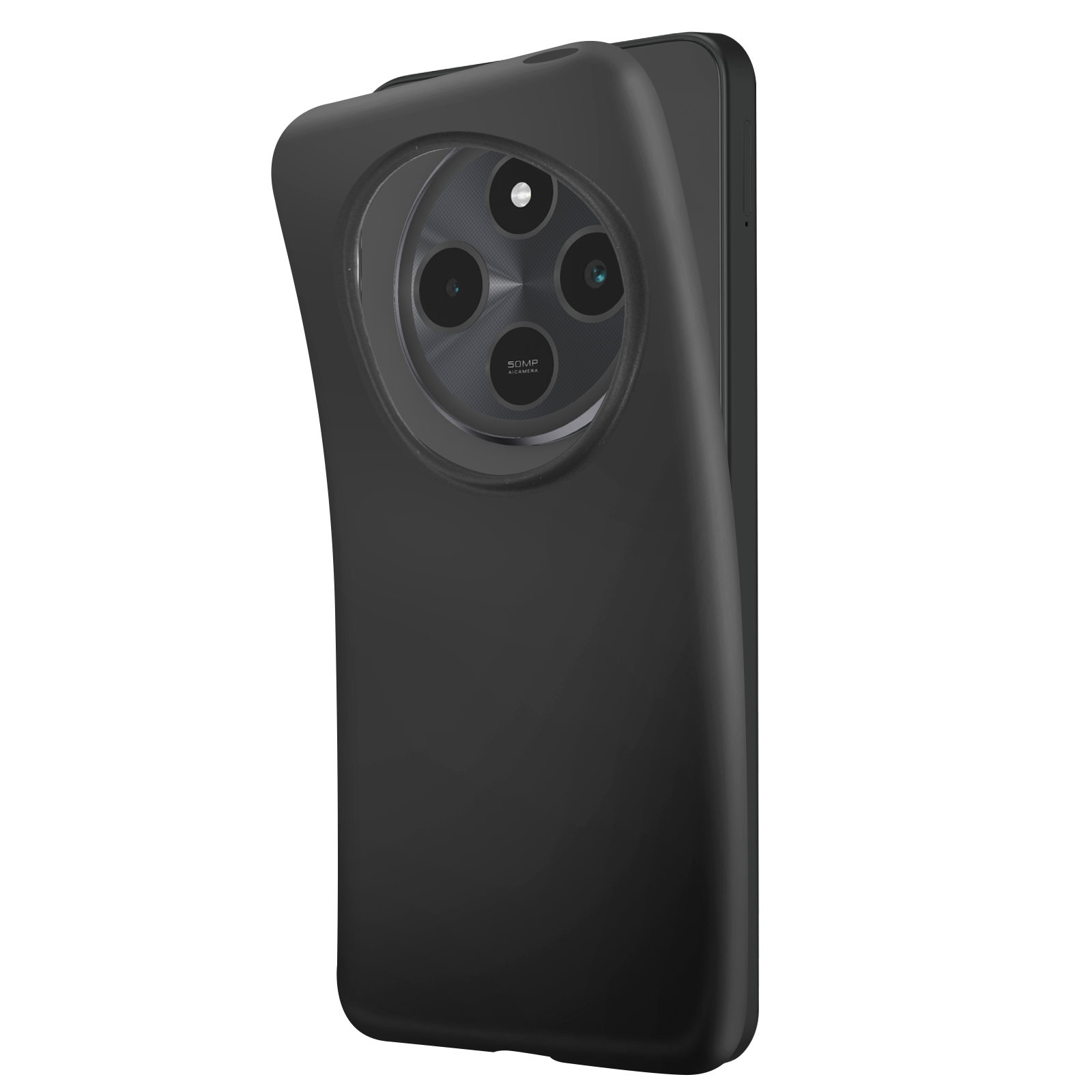 Una custodia nera per telefono, che mostra l'area del modulo della fotocamera. La custodia ha un design unico con bordi curvi.