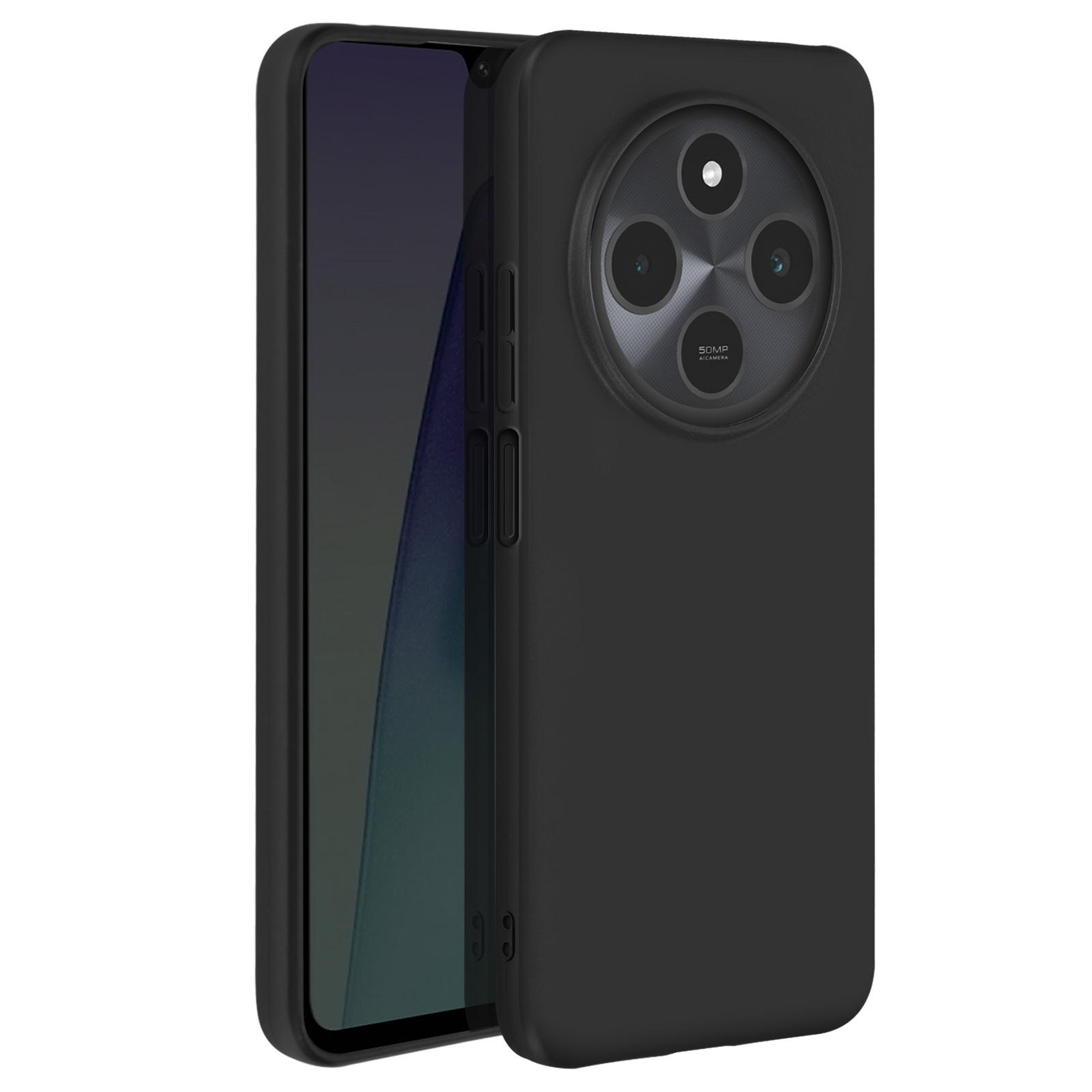 Un telefono nero con la custodia, che mostra un modulo fotocamera circolare e uno schermo del telefono. La custodia ha una superficie nera strutturata.