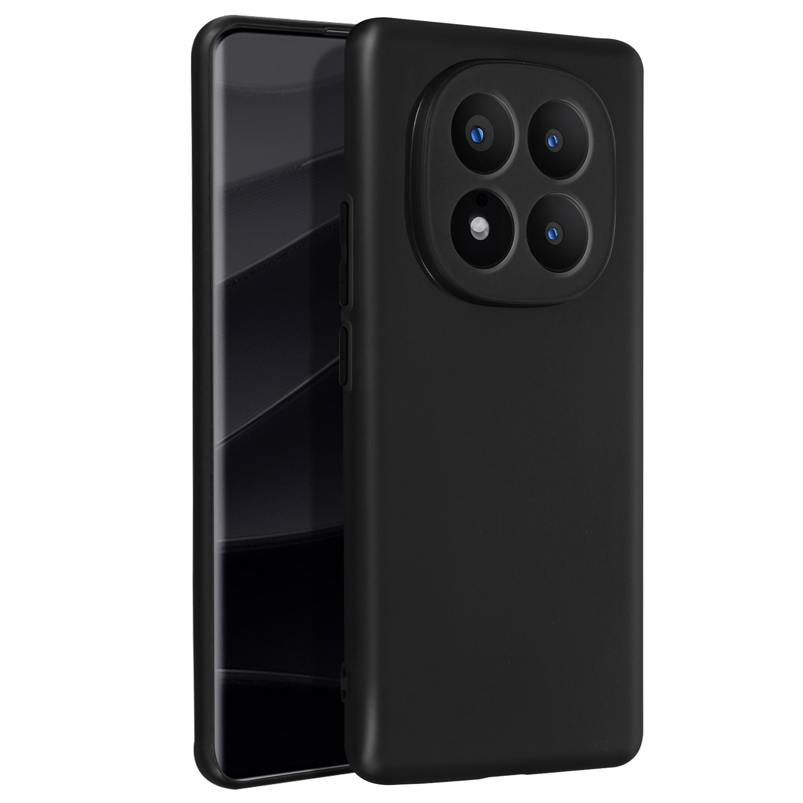 Custodia nera per telefono con quattro obiettivi. Il telefono è parzialmente visibile, mostrando lo schermo.